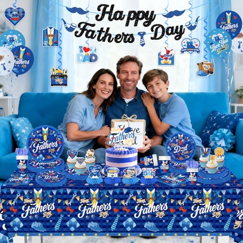 139Pcs Fathers Day Decorations, Happy Fathers Day Party Set with Plates, Napkins, Cups, Tablecloth, Banner, Balloons, Haning Swirls, Cake Topper, Cupcake Toppers for Dad Birthday Party, Serves 20