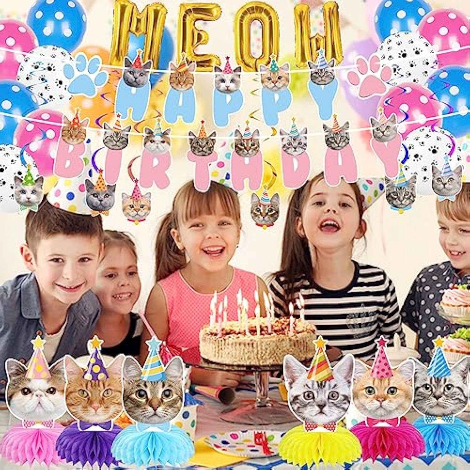 Cat Birthday Party Supplies Party Decorations Includes 1 Birthday Banner, 6 Honeycomb Centerpieces, 6 Hanging Swirls With 6 Cat Cutouts, Meow Letter Balloons And 12 Balloons