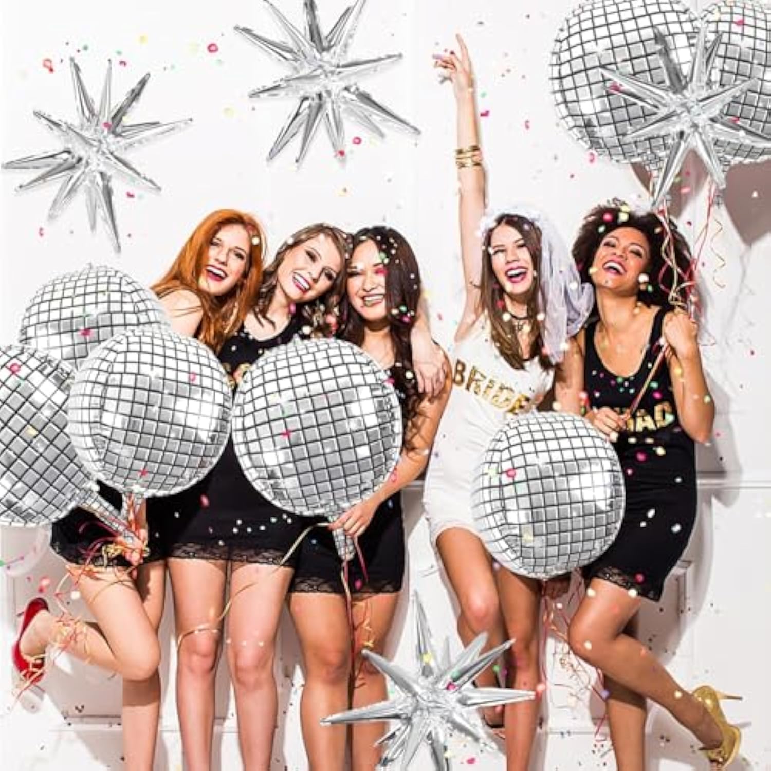 Disco Ball Balloons For 70S Disco Party Decor, 22 Inch Large 4D Metallic Silver Disco Balloons With Stars Balloon For Themed Party, Birthday New Year Christmas Decor 9Pcs