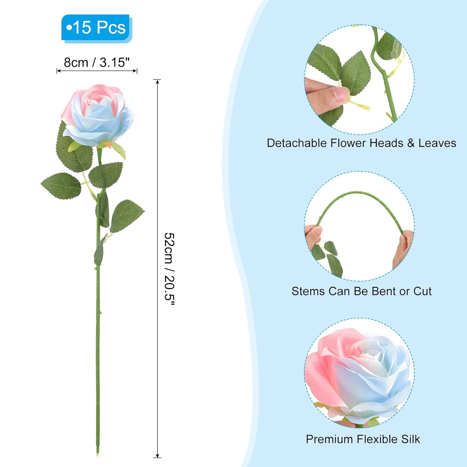 15Pcs Fake Roses, Roses Artificial Flowers Artificial Roses Silk Roses With Long Stems Real Look Real Touch Bouquet For Home Decor Table Decorations Wedding, Gradient Blue Pink