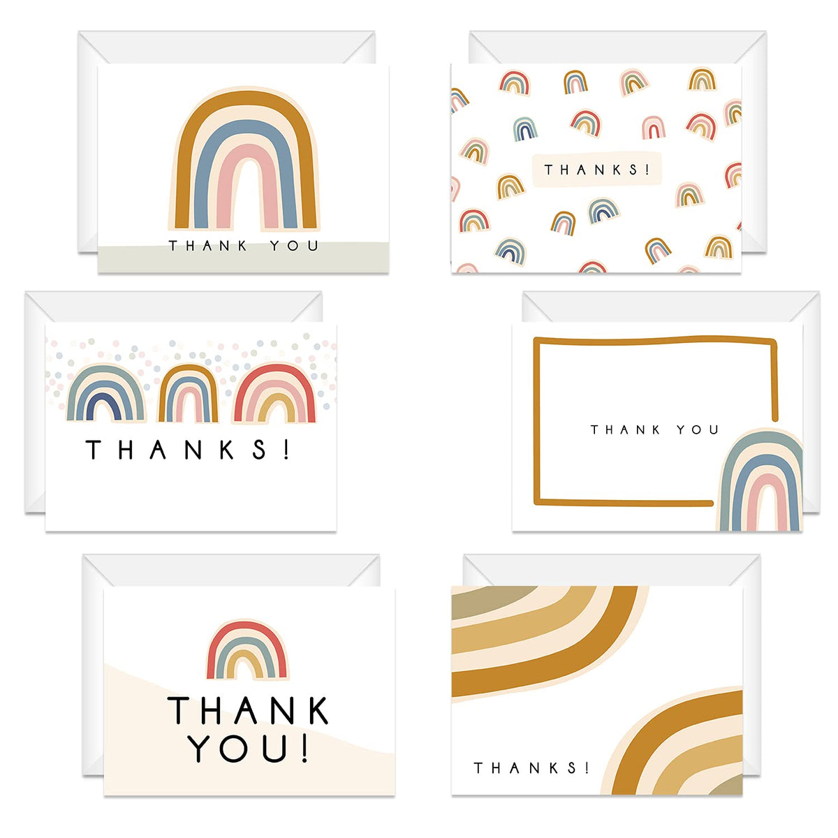 Modern Rainbow Thank You Cards / 24 Baby Shower Birthday Note Cards With White Envelopes / 6 Adorable All Occasion Thanks Greeting Card Set Designs / 3 1/2" X 4 7/8" Appreciation Gratitude Cards