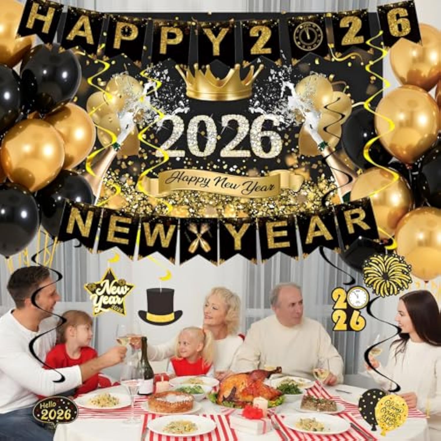 New Year 2026 Party Banner Backdrop Balloons and Hanging Swirls