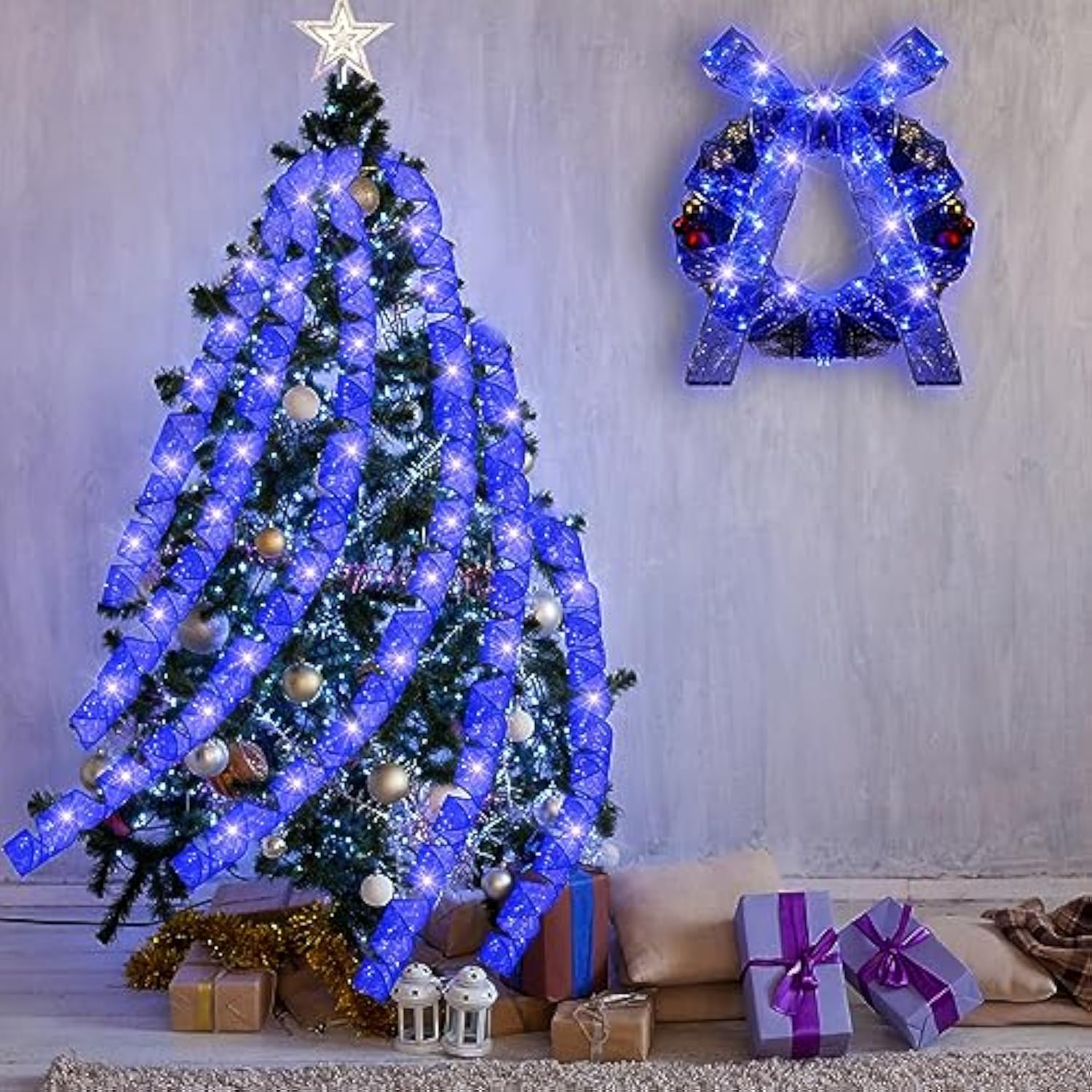 Christmas Ribbon With Lights 2 Inch X 66Ft 100 Led Christmas Tree Ribbon Decorations Battery Operated Fairy String Light