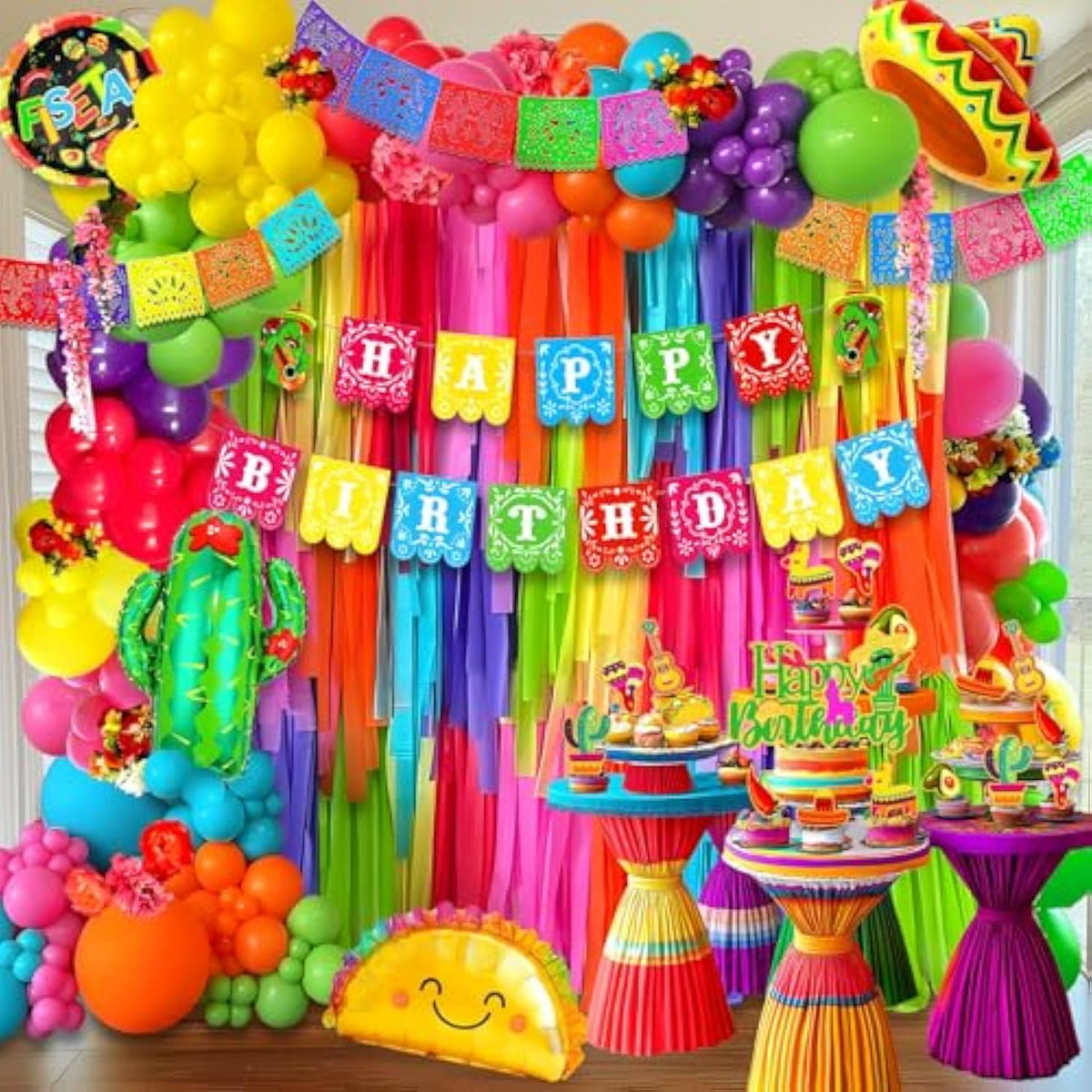 Fiesta Birthday Party Decorations, Mexican Birthday Party Decorations, Picado Banner, Banner, Taco Llama Cactus Balloons Garland, Paper Streamers For Mexican Carnival Bday Decor