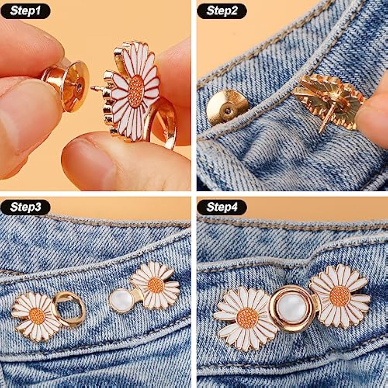 Pant Waist Tightener, Detachable Jean Buttons For Loose Jeans, No Sew And No Tools Button Pins For Jeans, Adjustable Jean Buttons Pins, Daisy Flower Instant Pants Button Tightener 4 Sets