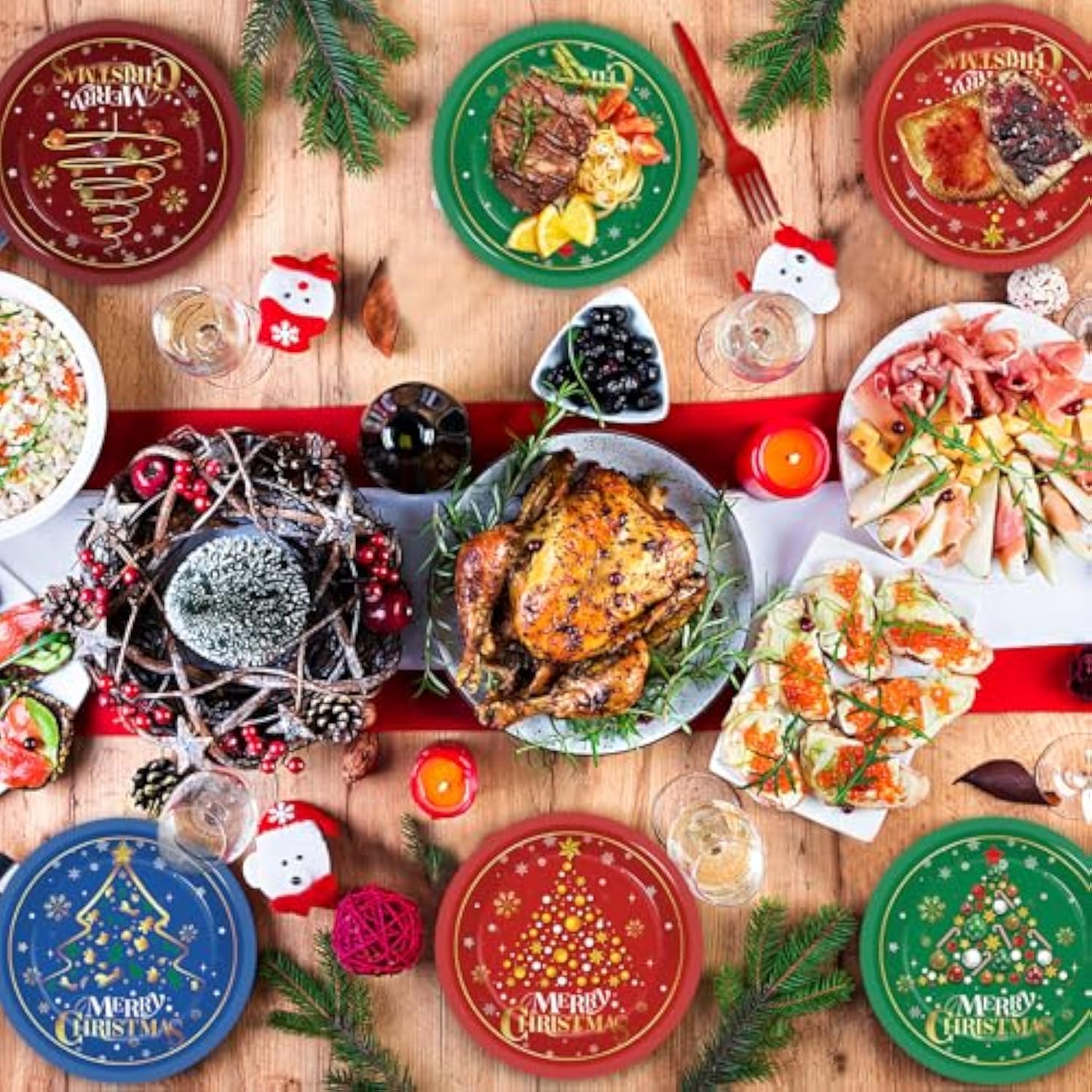 100 Pcs Christmas Tree Paper Plates Party Decorations Xmas Winter Plates 7Inch Disposable Merry Christmas Red Green Blue Snowflake Dinner Plates Tableware Set For Holiday New Year Party Supplies