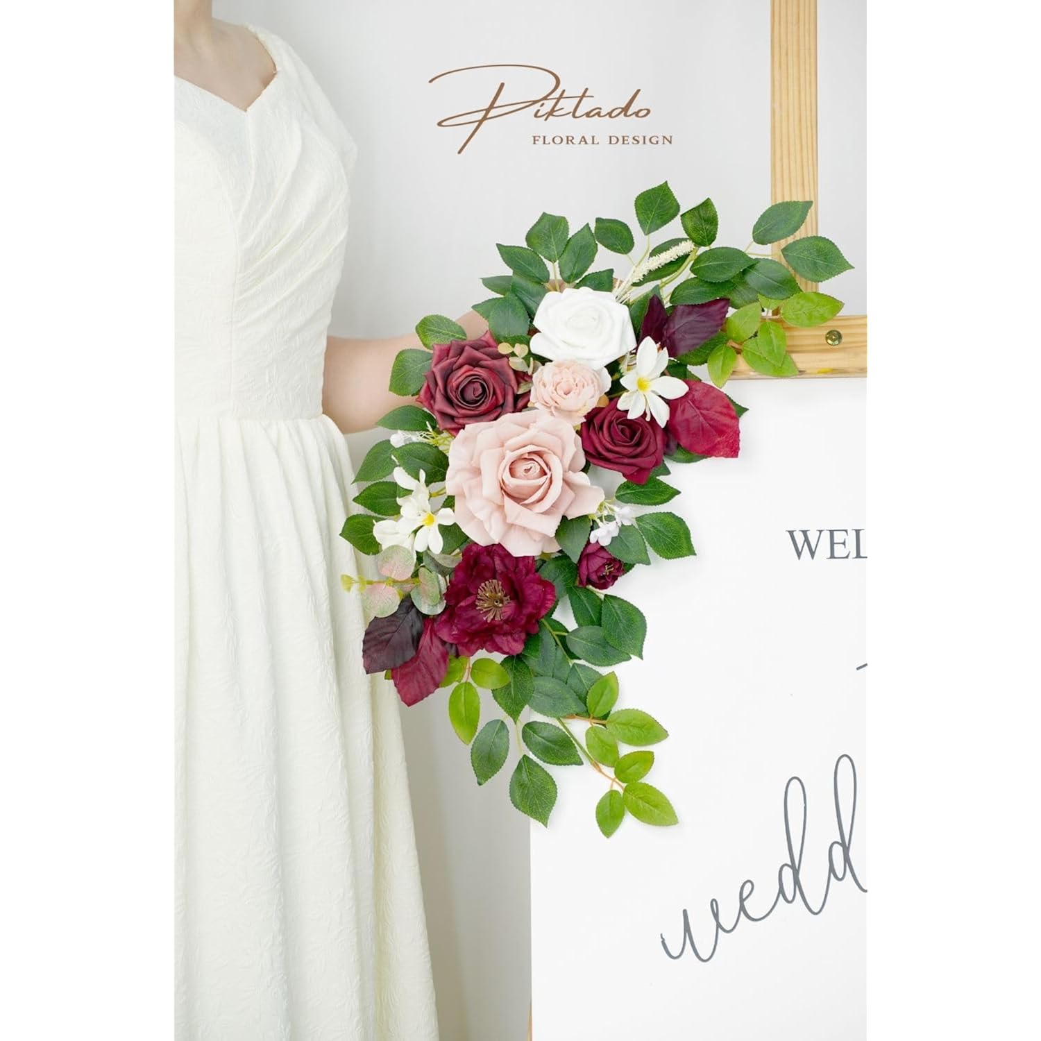 Wedding Decor (Pack Of 2) Welcome Sign Flower Backdrop Garland For Ceremony Reception Wall Easel Home Decoration Entryway Faux Outdoor Board Head Table Decor (Burgundy & Dusty Rose)
