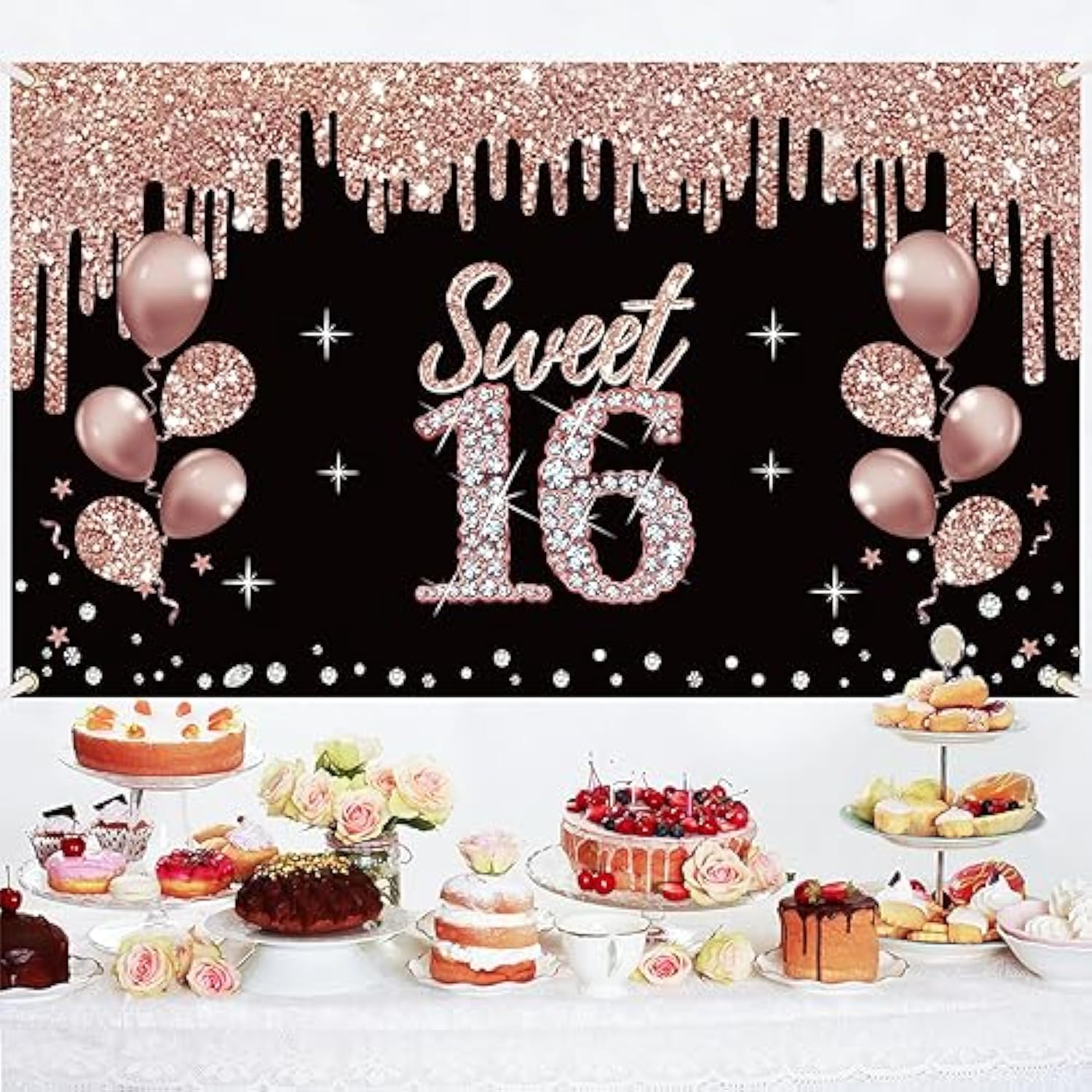 Rose Gold Sweet 16 Birthday Banner for Girls, Photo Booth Party Supplies