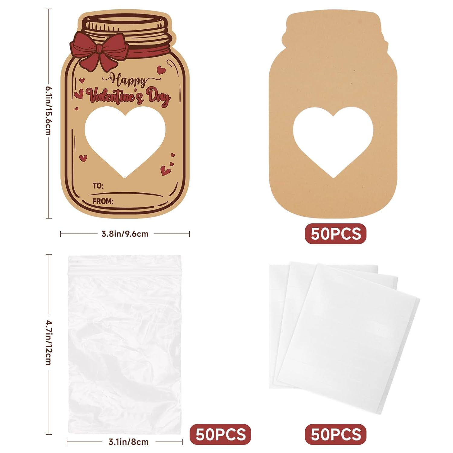 Valentines Day Cards, 50Pack Happy Valentine’S Day Mason Jar Cards With Treat Bags, Heart Cutout Blank Card For Classroom Valentines, Kids Exchange Cards & Valentine Party Favors