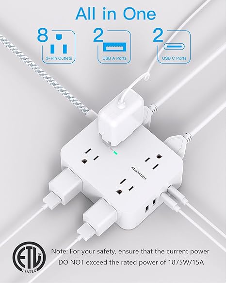 Surge Protector Power Strip 10FT Braided Flat Plug Extension Cord 8 Outlets 4 USB Ports 2 USB C 1080J
