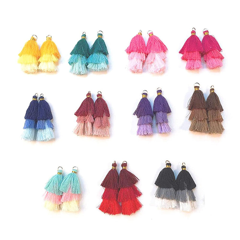 22 Pieces 2.4Inch 3 Layers Small Tassels Tri-Colors Mala Tassel Charms With Ju