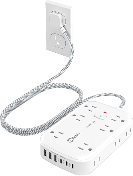 Surge Protector Power Strip 12 Outlets 6 USB Ports 3 USB C 5FT Flat Extension Cord 2100J White