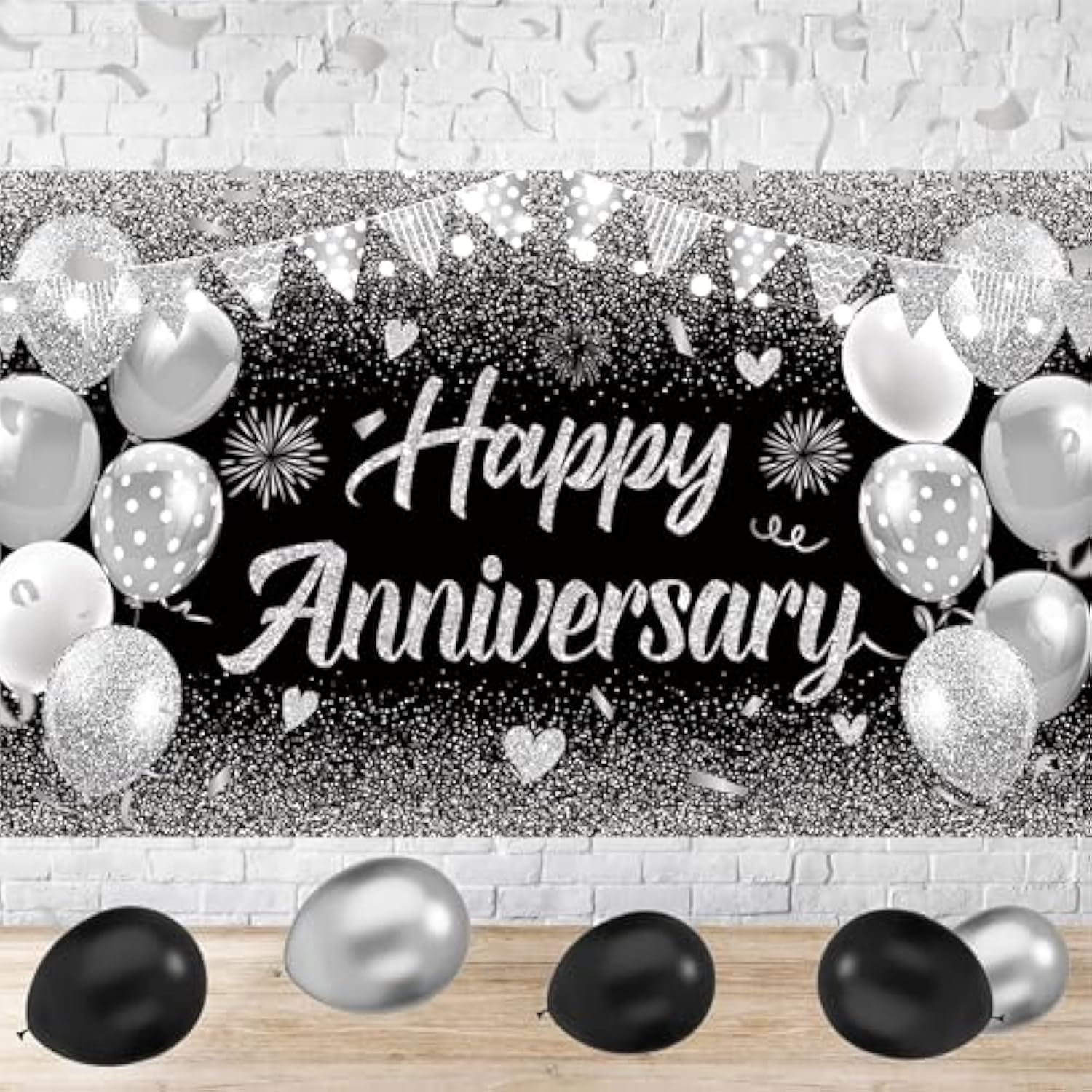 Black Silver Happy Wedding Anniversary Banner For 5 10 15 20 25 30 40 50 For Couple, Happy Anniversary Decorations, Surprise For Parents Cheers To Wedding Supplies 71X43In