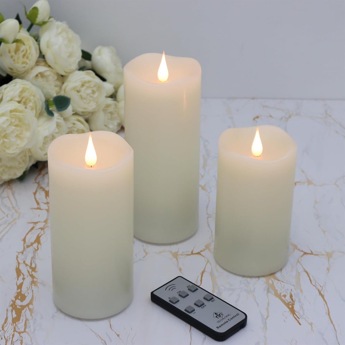 3 Pack Flickering Flameless Candles Battery Operated With Timer, 3D Moving Flame Last 1000+ Hours, Ivory Real Wax Electric Led Pillar Candle For Wedding Christmas Decorations