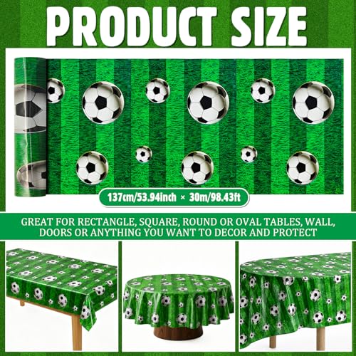 Soccer Tablecloth Roll with Slide Cutter, 54 in x 100 Ft Soccer Field Decoration Roll, Disposable Waterproof Table Cover for Birthday Party Decorations Wall Backdrop Sports Event Supplies