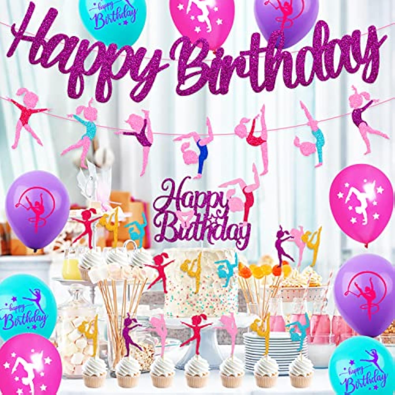 52 Pcs Gymnastics Birthday Decoration Set Gymnast Happy Birthday Banner Cake Topper 25 Cupcake Toppers Gymnastics Balloons For Girl Bday Glitter Party Supplies