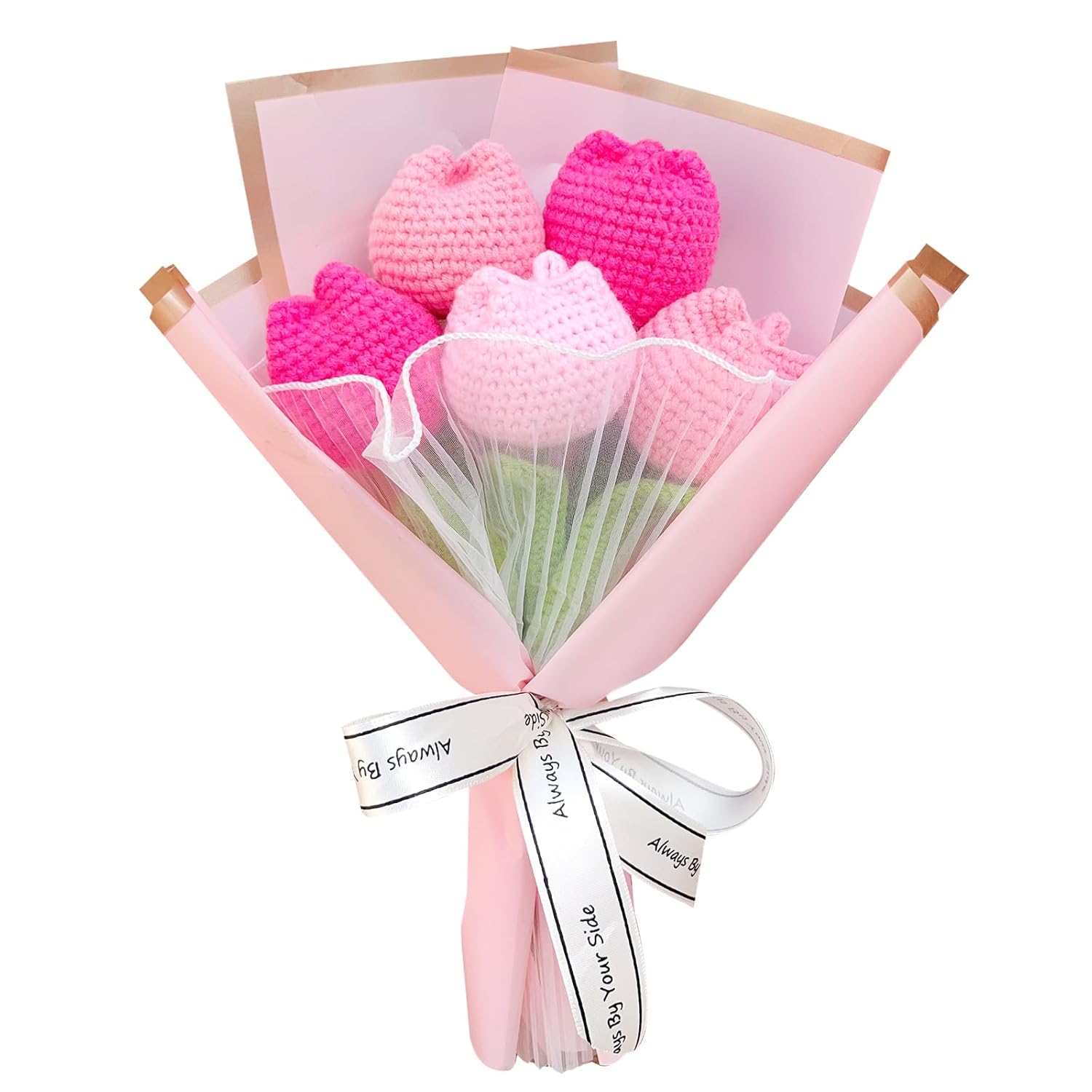 Crochet Tulip Flower Bouquet, Handmade Knitted Artificial Tulip Flowers, Gift For Mom Wife Women(Pink)