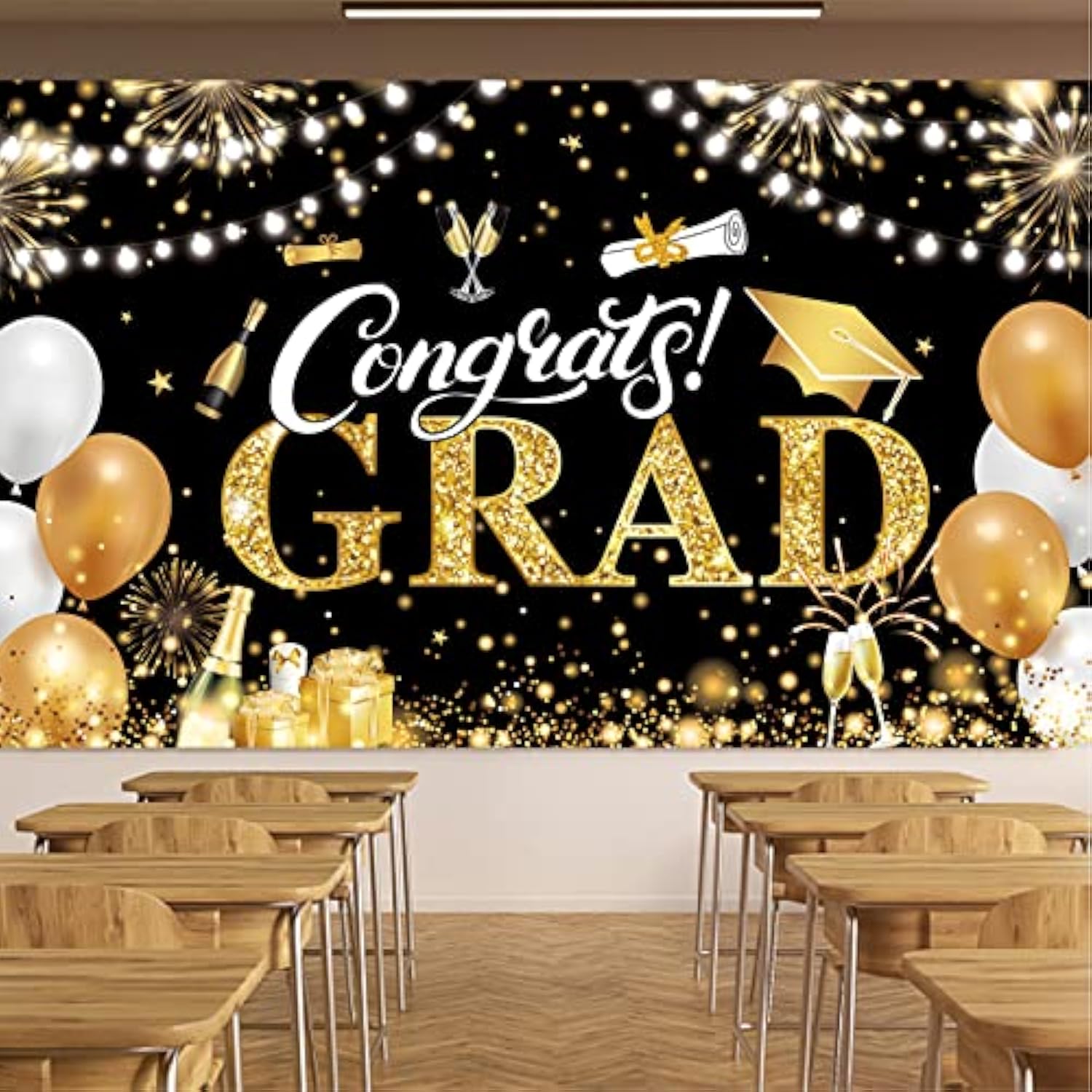 Graduation Banner 2025 Black And Gold - 72.8X43.3 Inch, Congrats Grad Banner For Party Decorations, Large Congratulations Class Of 2025 Graduation Backdrop