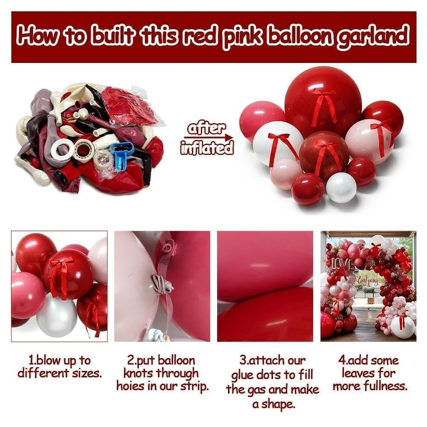 Red Pink Balloon Arch Kit, Double Stuffed Dark Red Pink Burgundy White Pearl Balloon Garland With Bows For Birthday Valentines Day Wedding Bridal Shower Engagement Anniversary Mother'S Day Party Decor