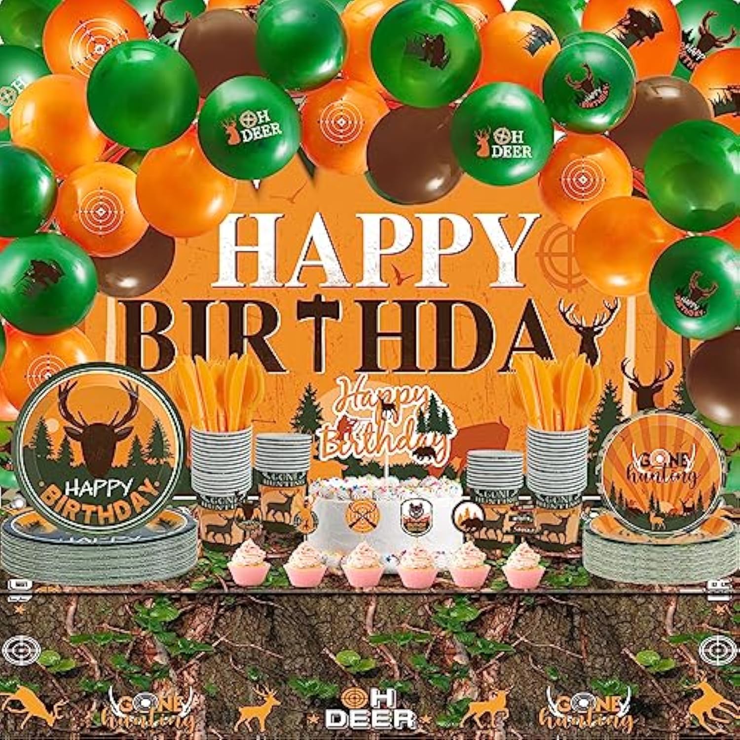 165Pc Hunting Camo Party Set with Backdrop, Balloons, Tableware & Cake Toppers