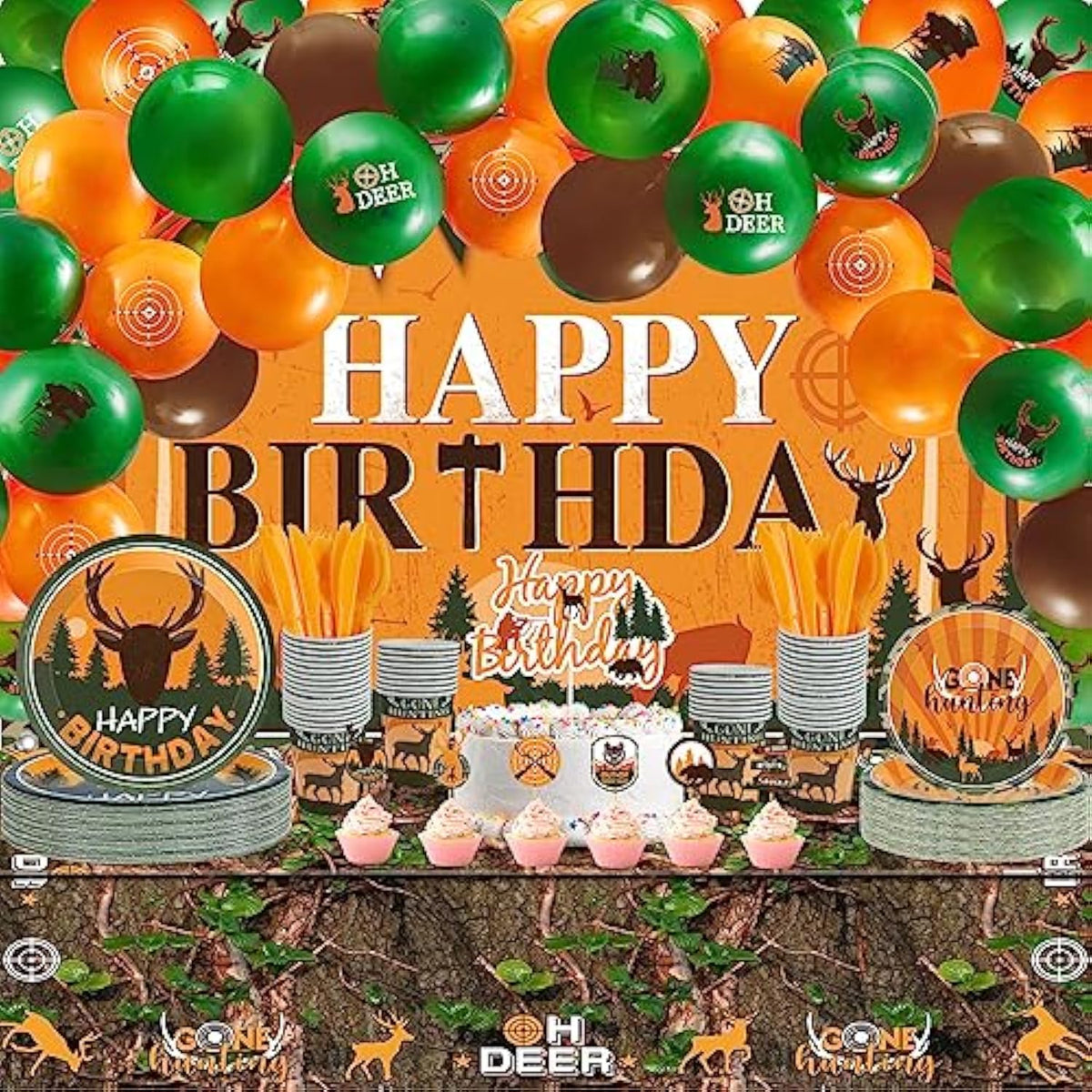165Pc Hunting Camo Party Set with Backdrop, Balloons, Tableware & Cake Toppers