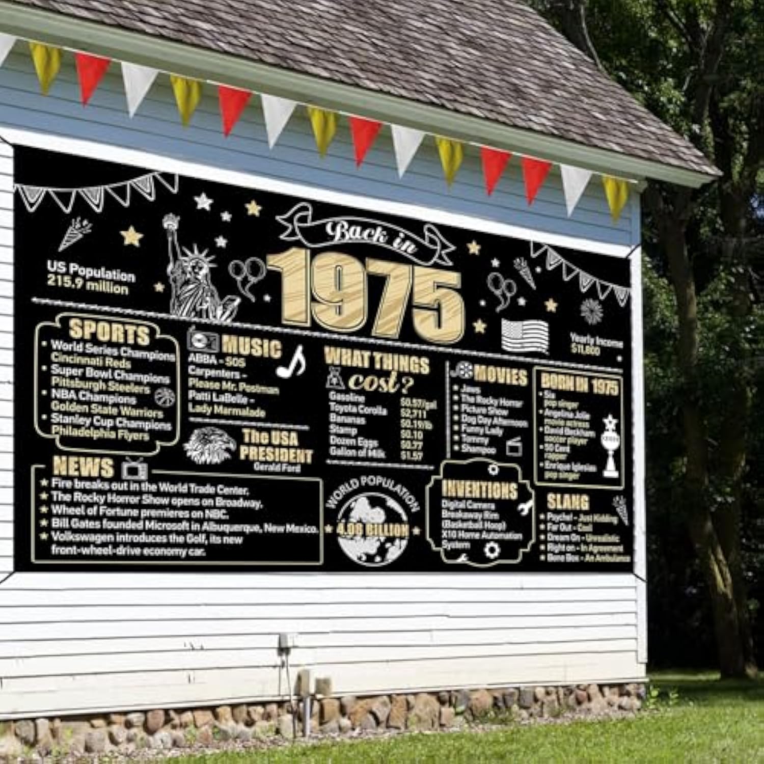 50th Birthday Backdrop: Black & Gold 1975 Party Banner