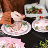 Christmas Pink Gingerbread House Tableware Set 96 Pcs Disposable Plates Napkins Forks Snowman Gingerbread Man Xmas Tree Happy Birthday Merry Christmas Party Decorations Serve 24 Guests