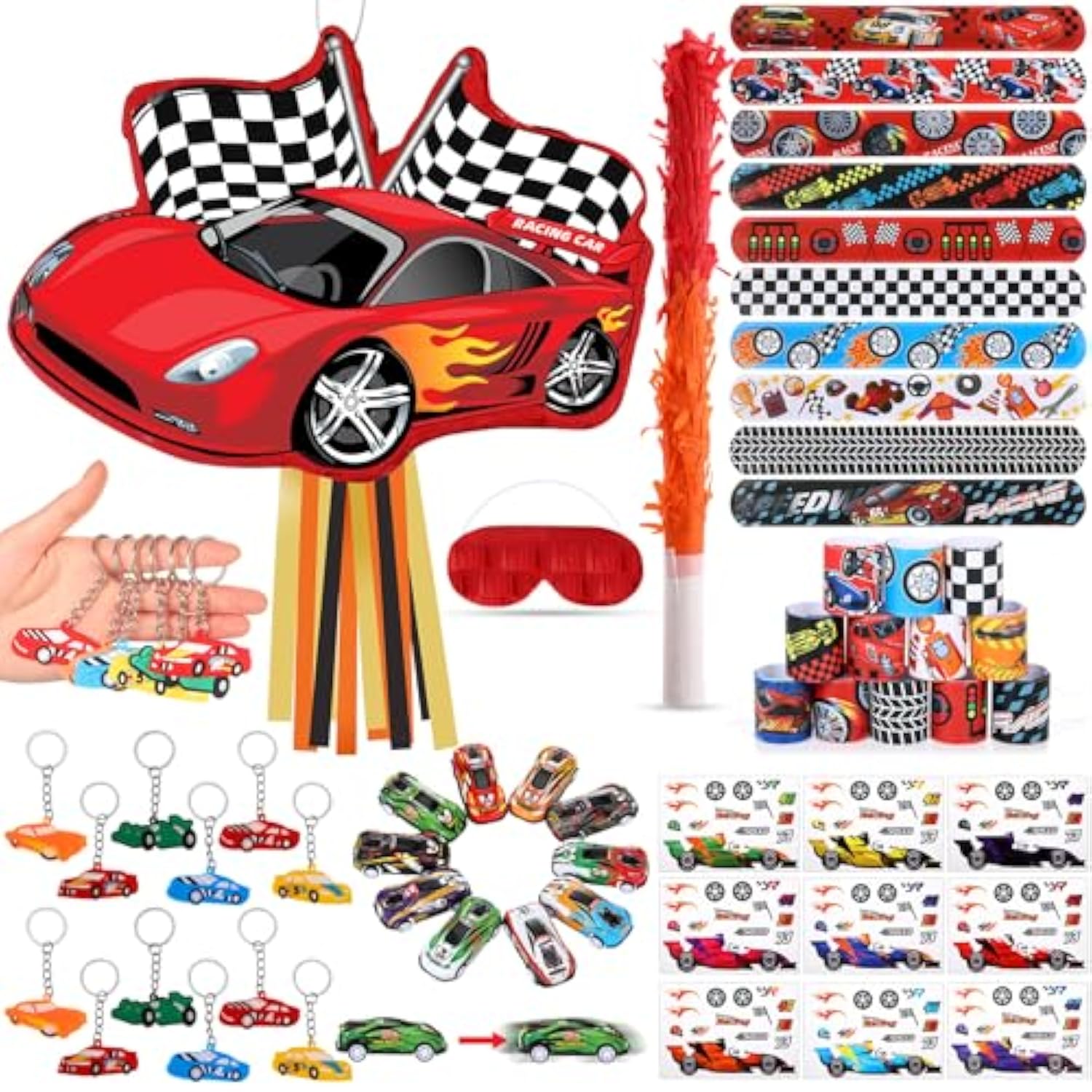 Cars Piñata Race Car Party Favors Set With Black Red Birthday Piñata Stick Blindfold Slap Bracelet Keychain Sticker Racecar Party Gifts Birthday Decorations Goodie Bag Stuffer Supplies