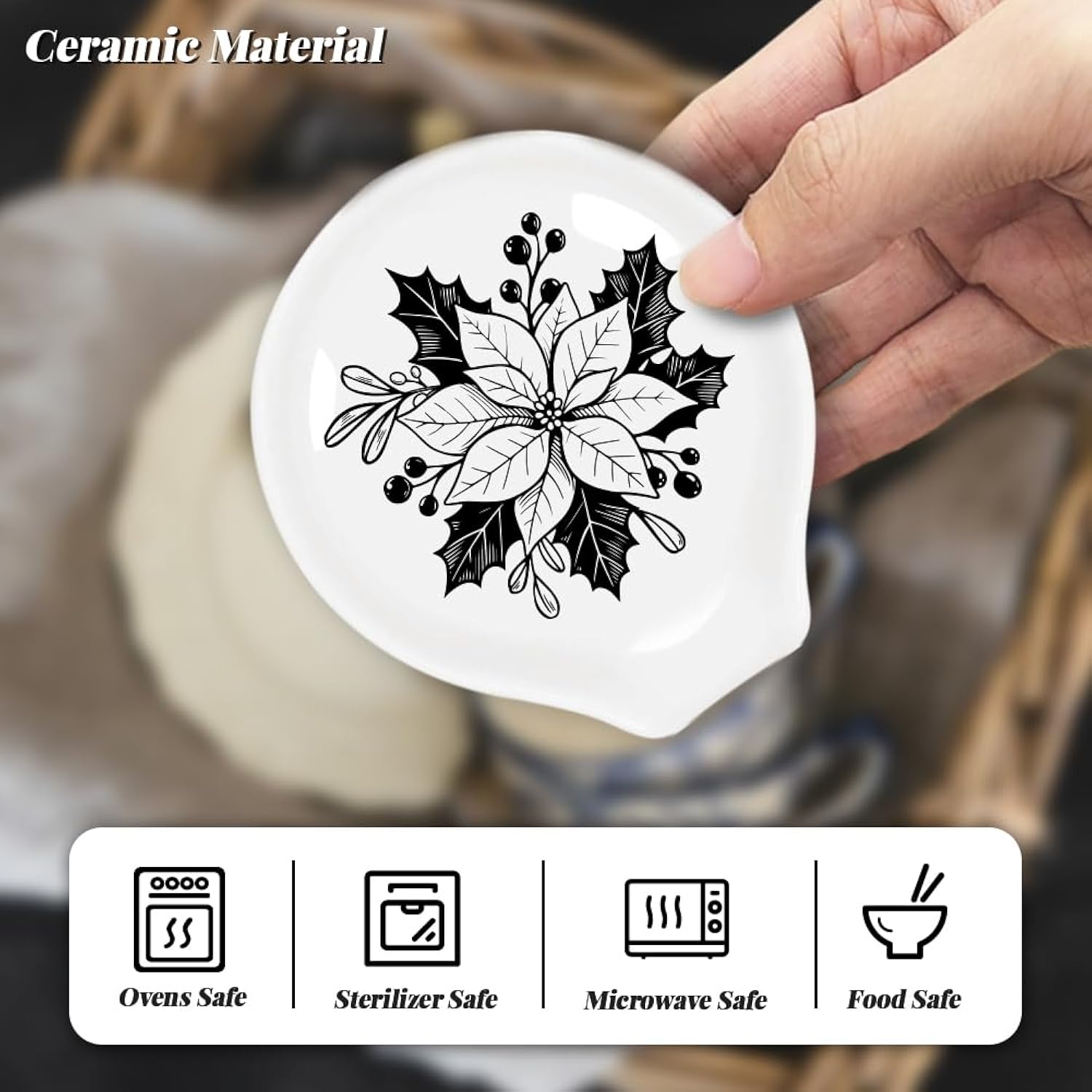 2Pcs Christmas Coffee Ceramic Spoon Rest Poinsettia Wreath Pattern 3.34"X3.54" Cute Spoon Holder, Heat Resistant Utensil Holder For Coffee Bar Decor Women Men, Housewarming Gifts