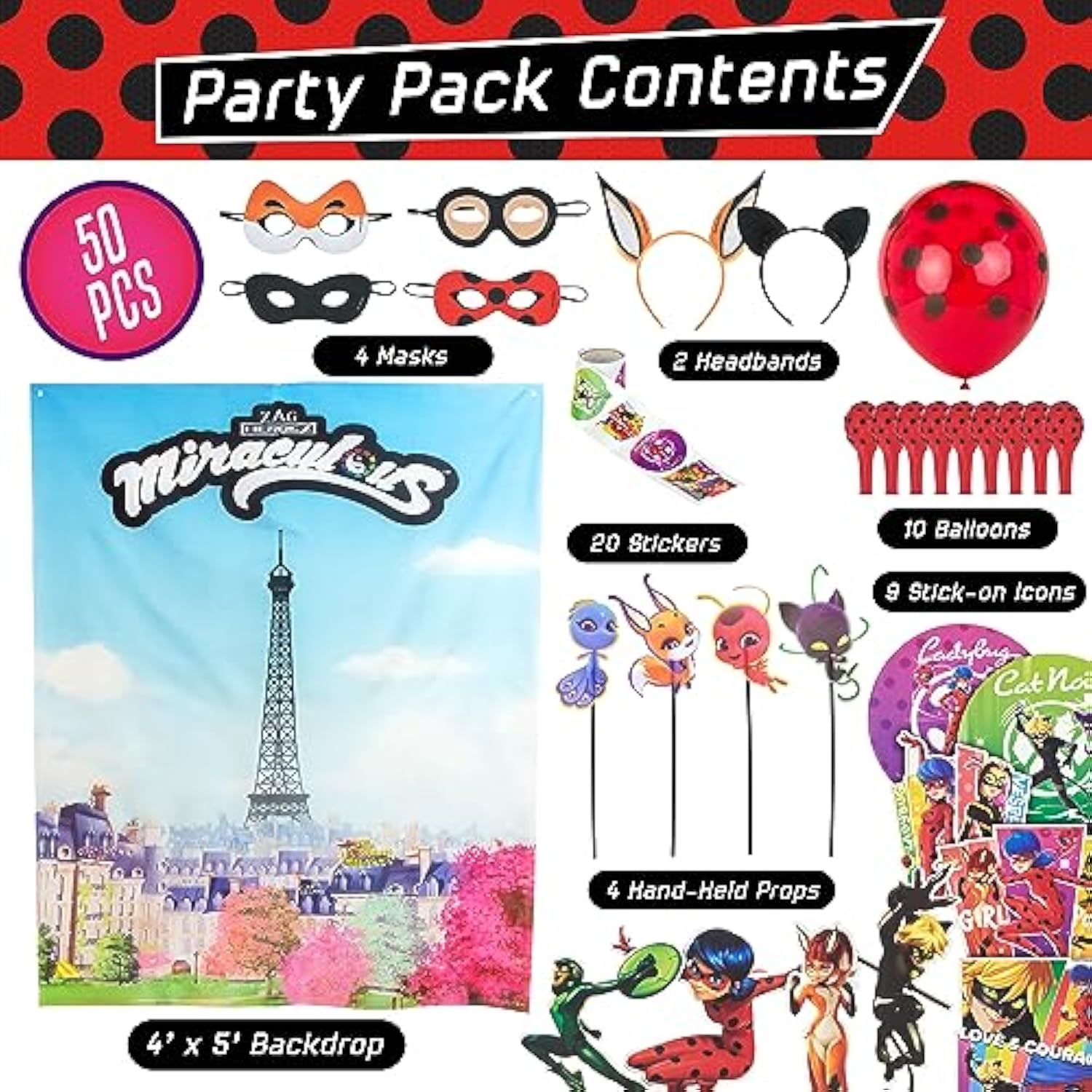 50 Pc Zag Heroez / Ladybug Themed Birthday Party Box Supplies, Backdrop & Props