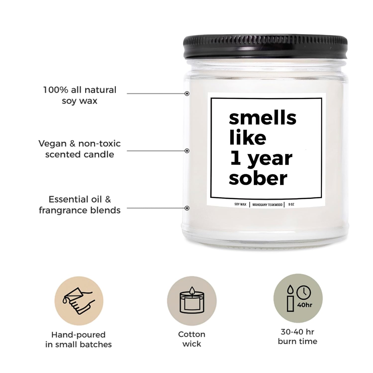 You Nique Designs Smells Like 1 Year Sober Candle - Cool Sobriety Gifts For Men, Women, Sober Surprise For Men, Women, Sobriety Anniversary Candle, 1 Year Sobriety Gifts (Mahogany Teakwood)