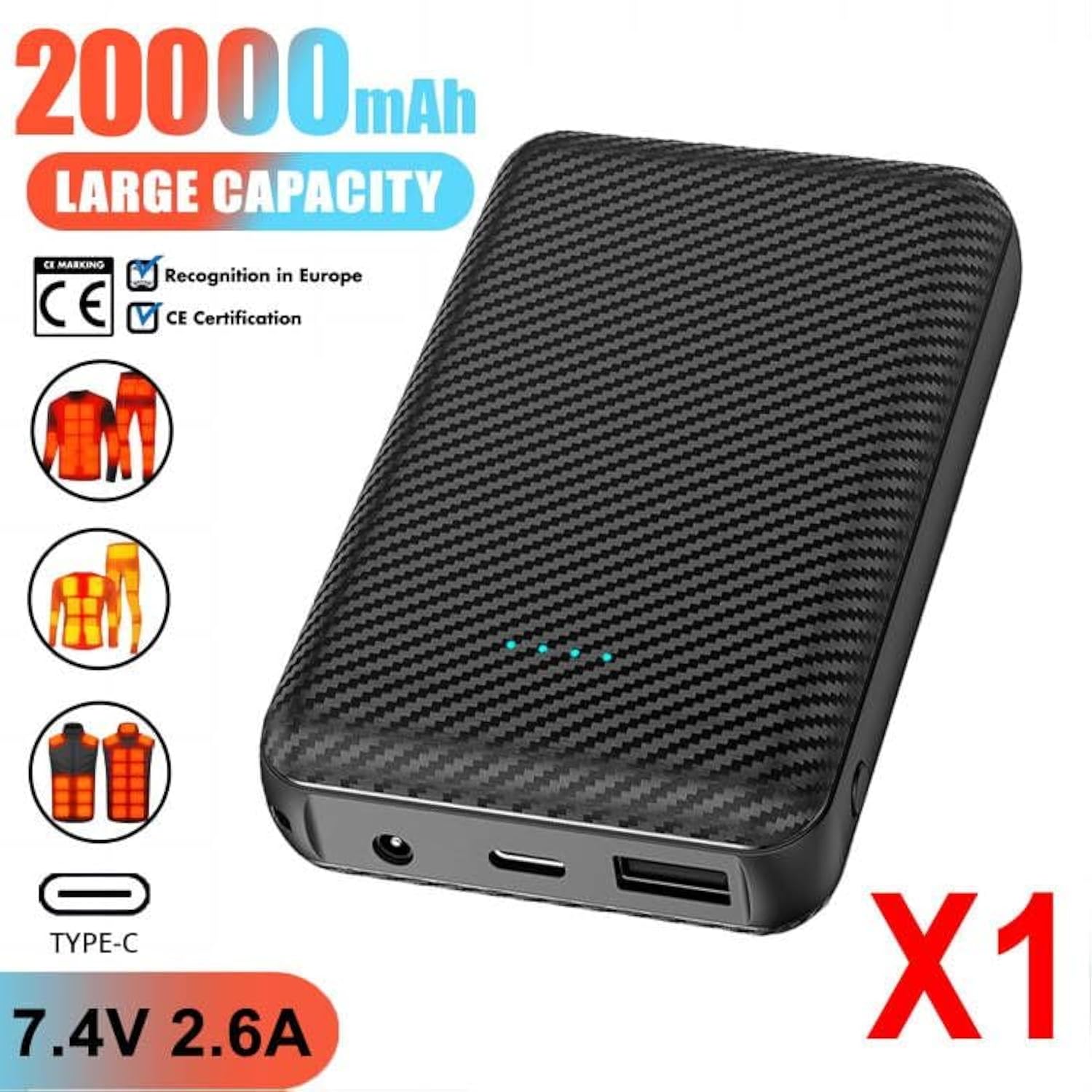 Portable Charger, Heated Gilet Vest Jacket Power Bank 7.4V 3A Usb, 20000 Mah Dc 3.5Mm Portable Battery Bank, Battery Pack For Iphone,Samsung, Huawei, Heated Clothes 1Pack