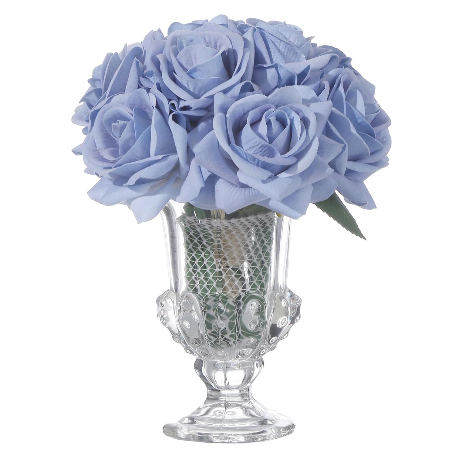 Velvet Roses In Crystal Glass Vase, Artificial Flowers With Vase, Silk Flower Arrangements For Home, Wedding, And Office Décor Table Arrangement Centerpiece, Baby Blue