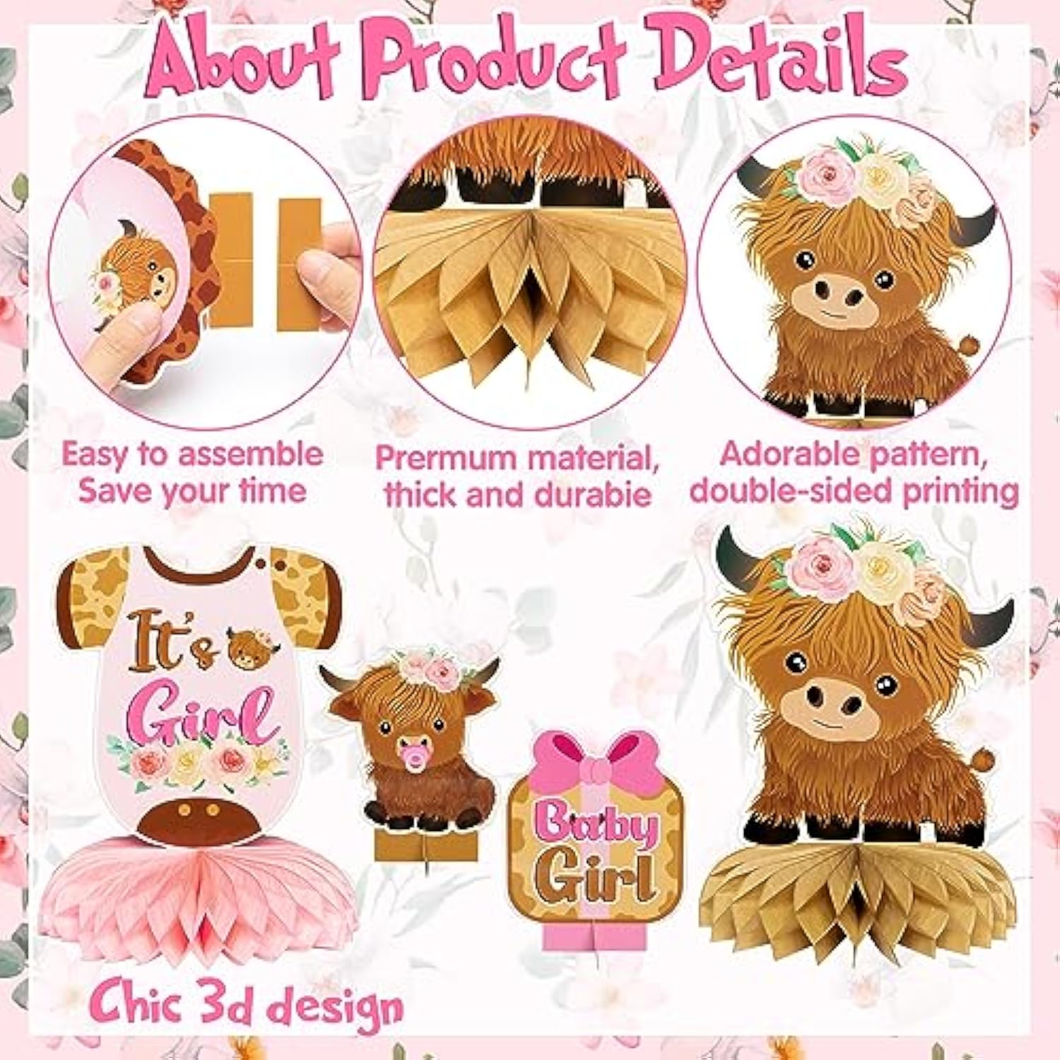12Pcs Pink Highland Cow Honeycomb Centerpieces Floral Highland Cattle