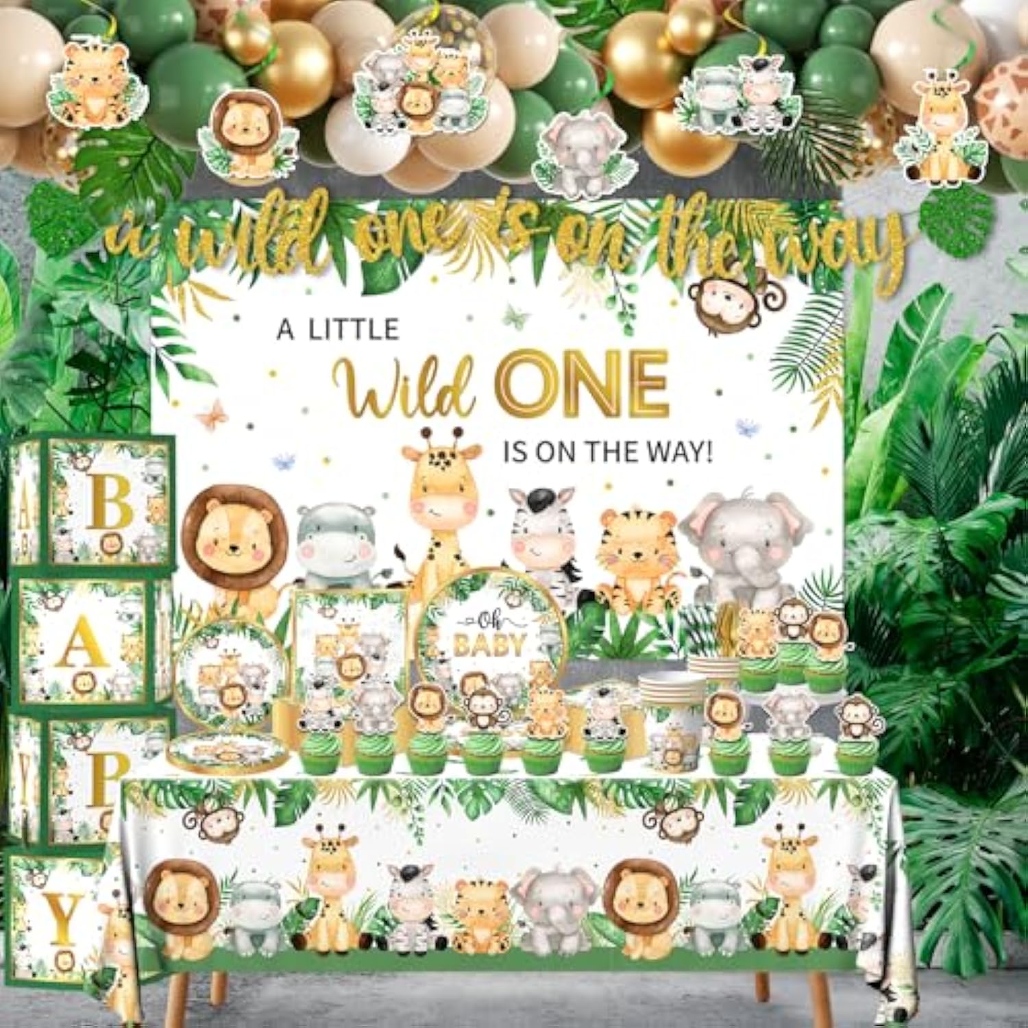 Safari Baby Shower Decorations,262Pcs Wild Birthday Decorations Jungle Baby Shower Decorations Plates And Napkin Cups Backdrop Banner Tablecloth Balloons Garland Boxes,Serves 20