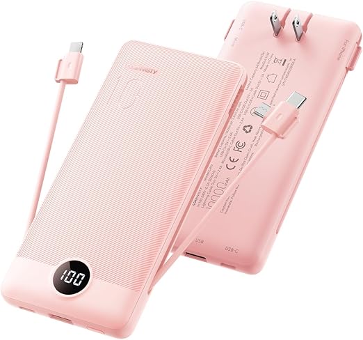 10000mAh Slim USB C Power Bank with Built In Cables Wall Plug LED Display Pink