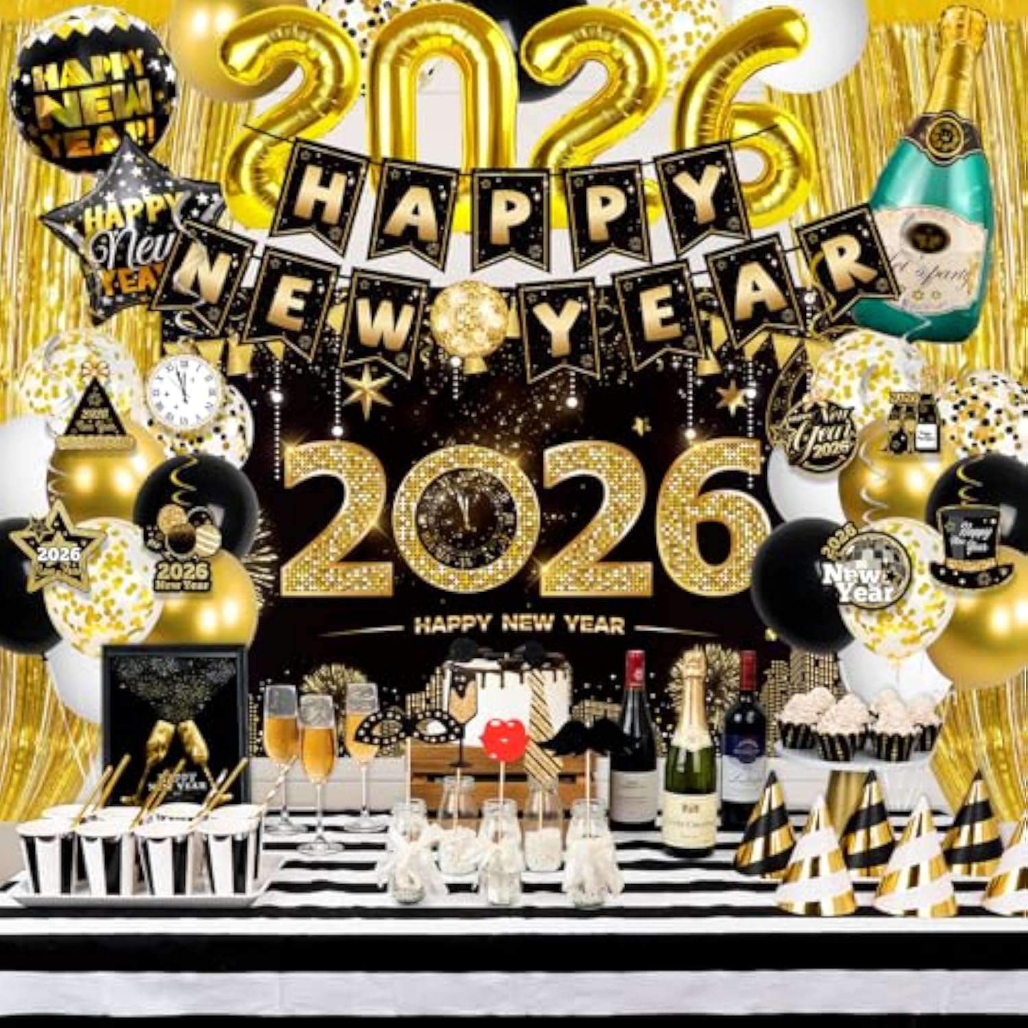 Complete 2026 Black & Gold NYE Decor Set Backdrop, Banner, Fringe & Swirls
