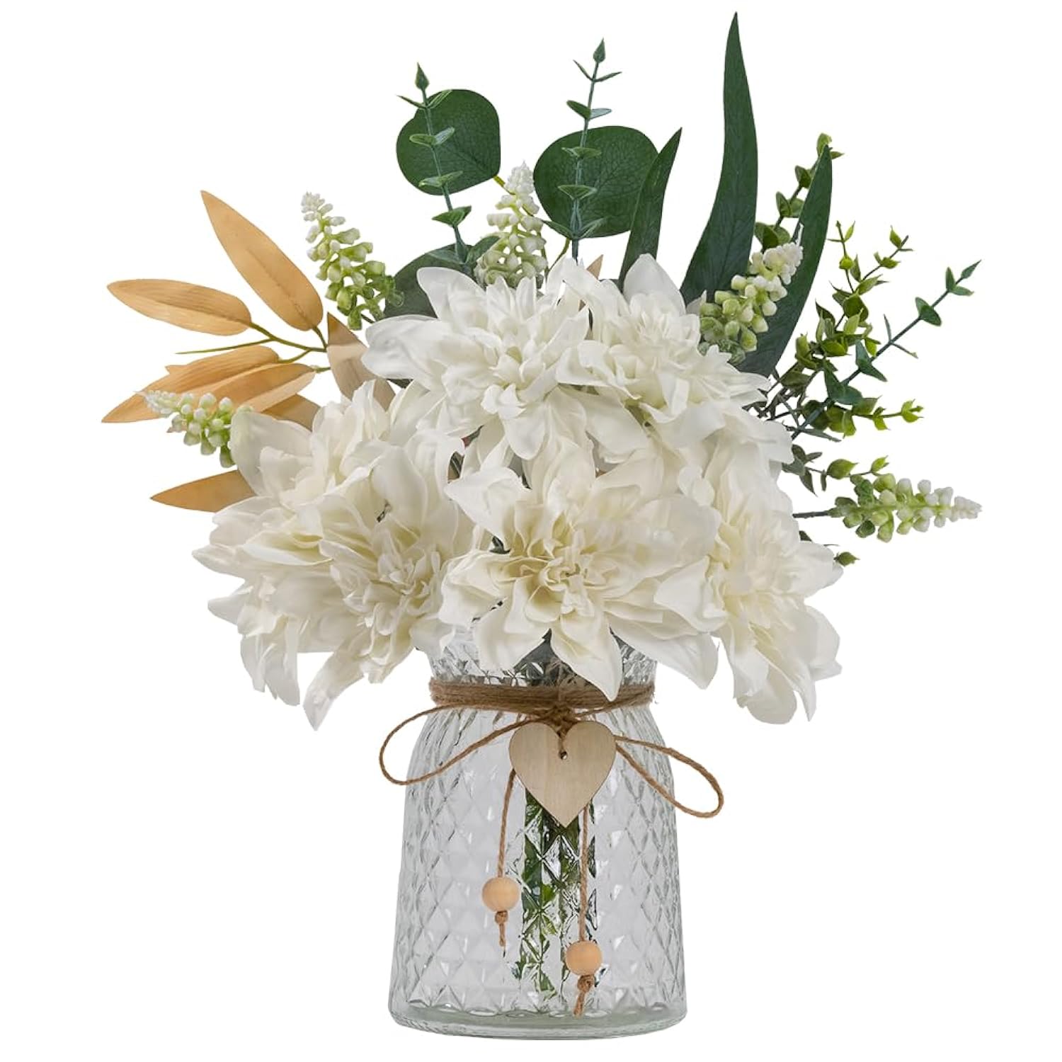 Fake Flowers With Vase Silk Flowers In Vase Dahlia Flowers Arrangement Suitable For Home Office Decoration, Dining Table Centerpiece (Dahlia-White)