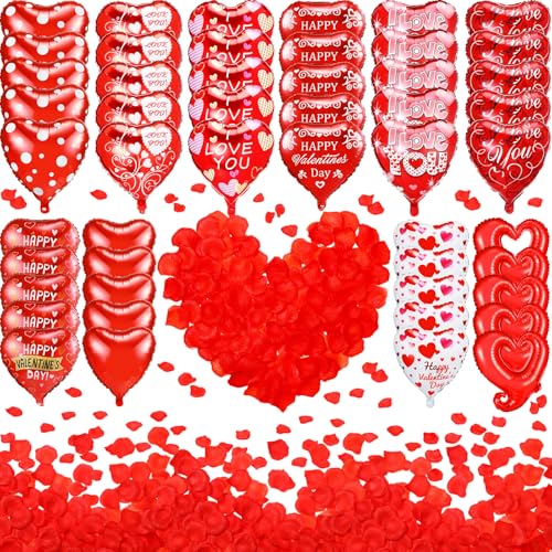 150 Pcs Valentines Day Balloons Set 18 Inch Valentine's Day Foil Balloons Red Heart Assorted Balloons with Rose Petals for Valentines Party Sweetest Day Special Night Romantic Decor