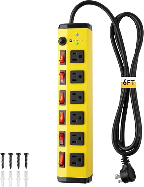 Heavy Duty Metal Surge Protector Power Strip 6 Outlets Individual Switches 6FT Flat Plug 1200J