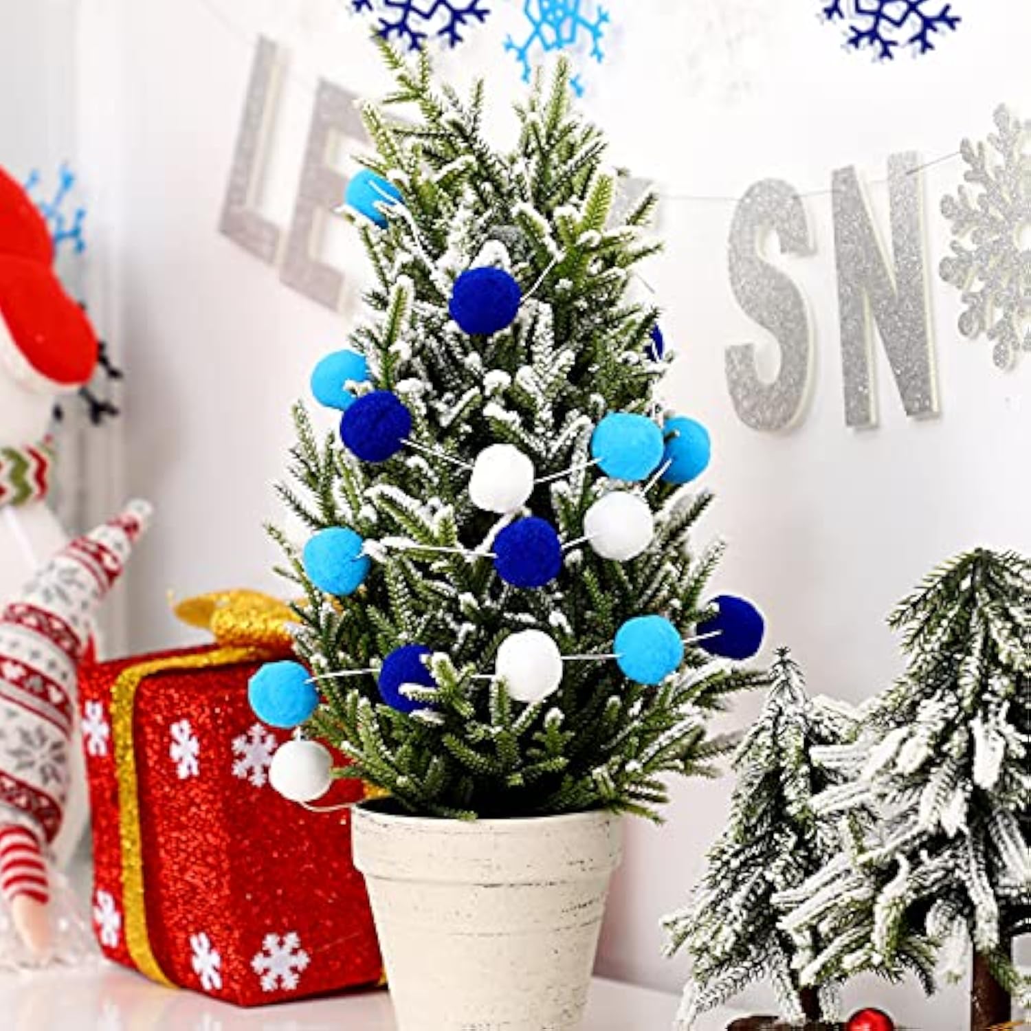 Silver Glitter Let It Snow Banner Winter Snowflake Garland Banner Wool Felt Ball Pom Pom Garland For Christmas Holiday Party Decorations