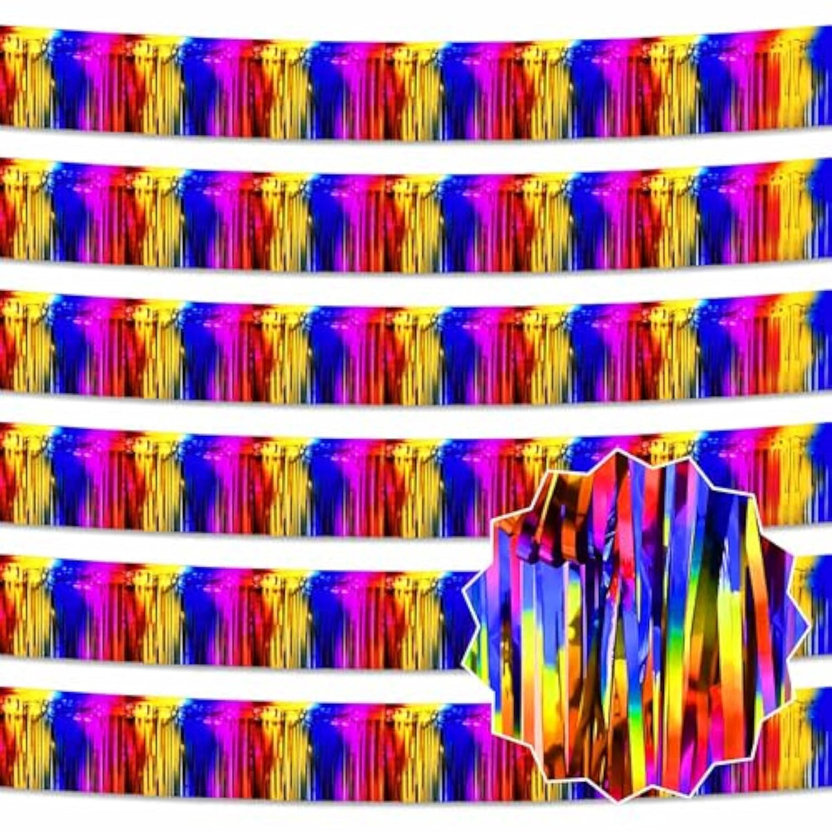 6 Pack 10 Ft Rainbow Foil Fringe Garland Metallic Streamers Tinsel Banner Wall Hanging Garland Backdrop For Parade Floats, Halloween, Christmas, Thanksgiving, New Year Party Decorations