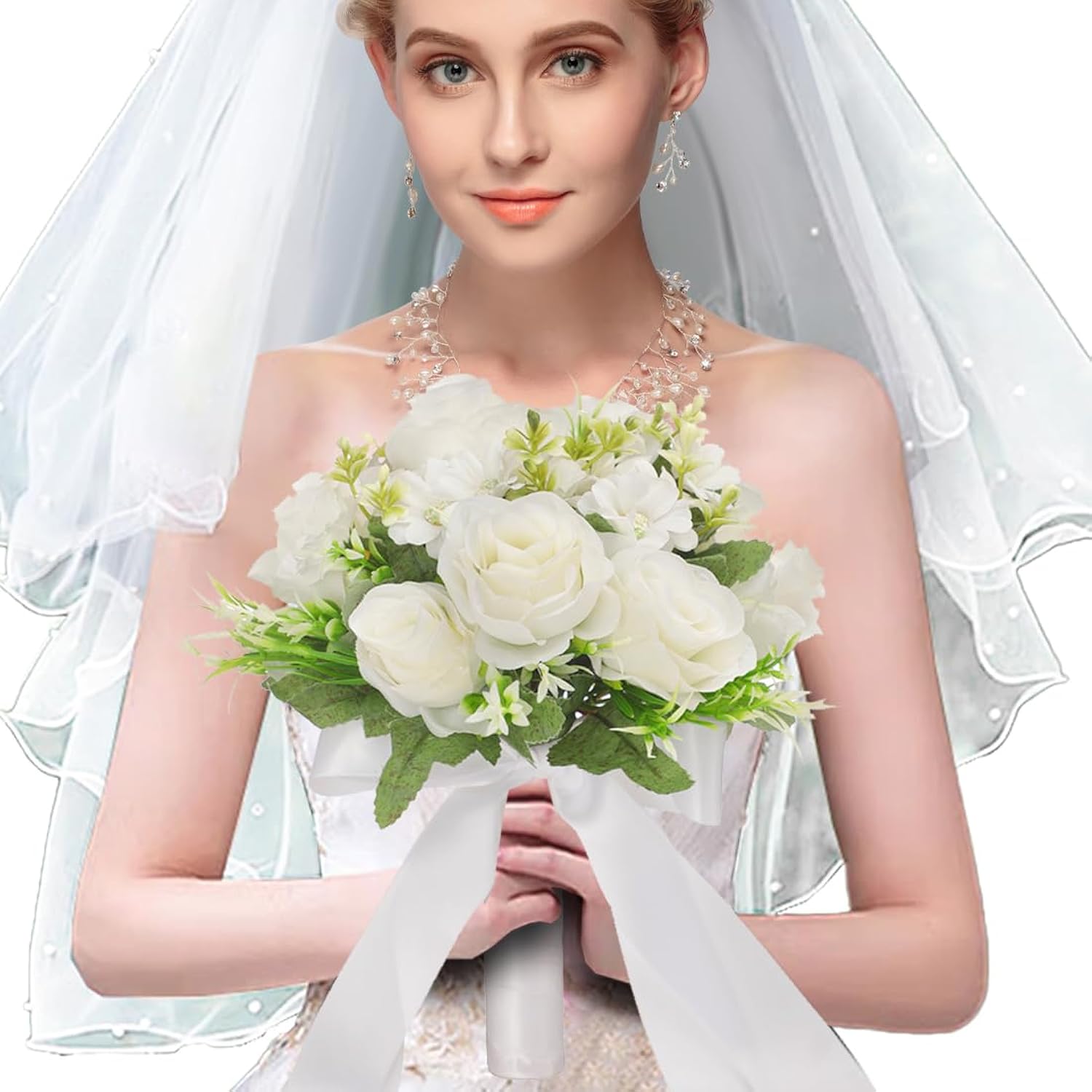Wedding Bouquets For Bride Bridesmaid Bouquet Champagne White Artificial Roses Flowers For Wedding Valentine'S Day Church Home Decoration (White)…