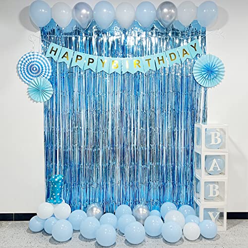 Light Blue Foil Fringe Curtains Party Decorations, 3.2 x 8 ft Foil Curtains Tinsel Backdrop for Ocean, Baby Shark Theme Birthday Decorations - Pack of 2