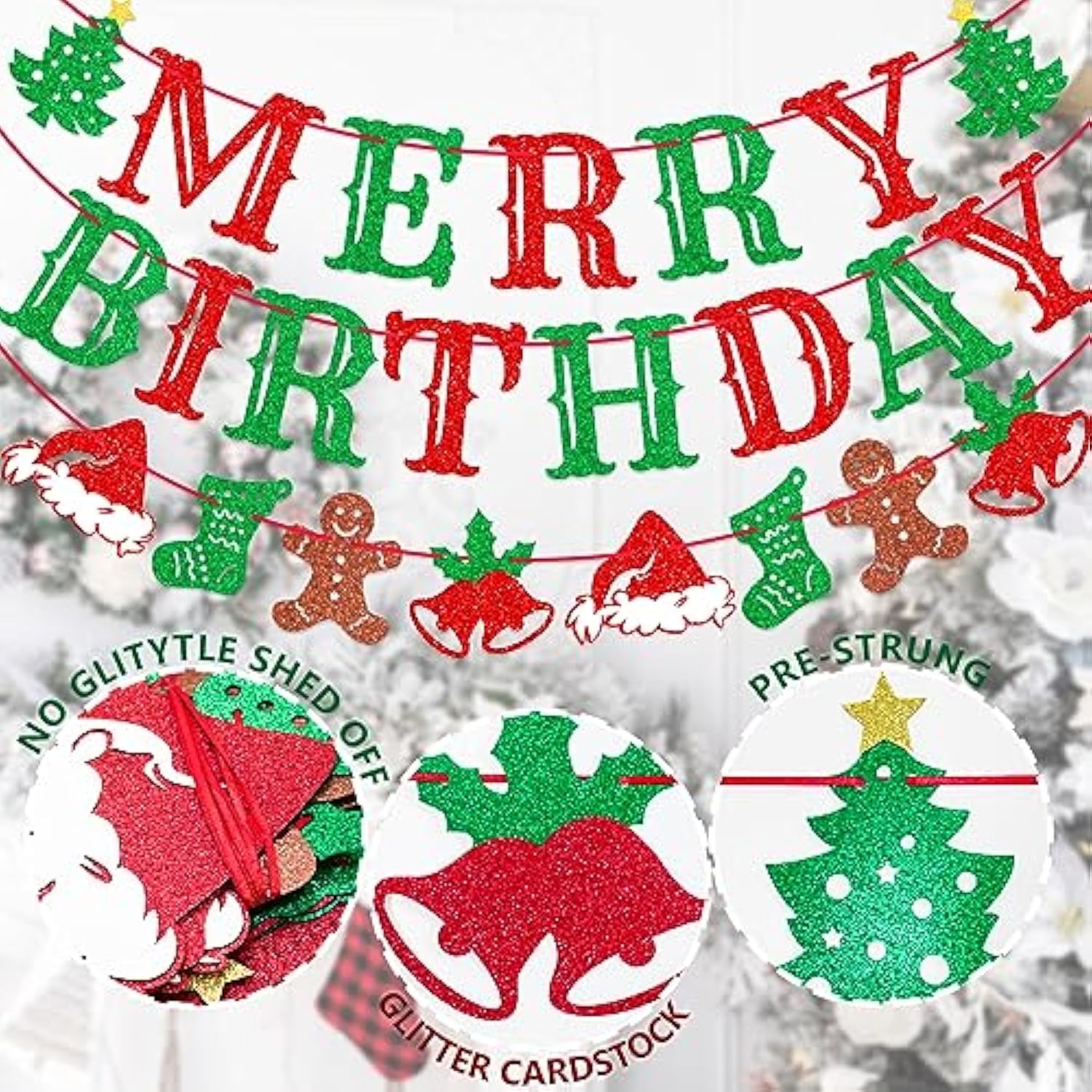 Merry Birthday Banner, Pre-Strung Christmas Birthday Party Decorations, Christmas Party Banner, Red And Green Glitter