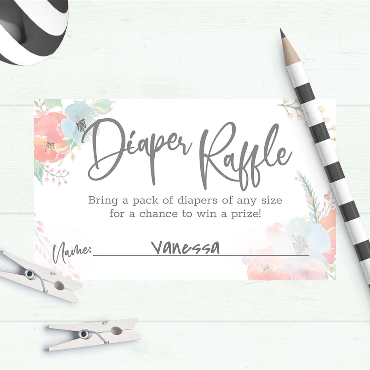 Pastel Watercolor Floral Diaper Raffle Tickets / 50 Baby Shower Sprinkle Game Drawing Cards / 2" X 3.5" Gender Reveal Party Activity/Made In The Usa