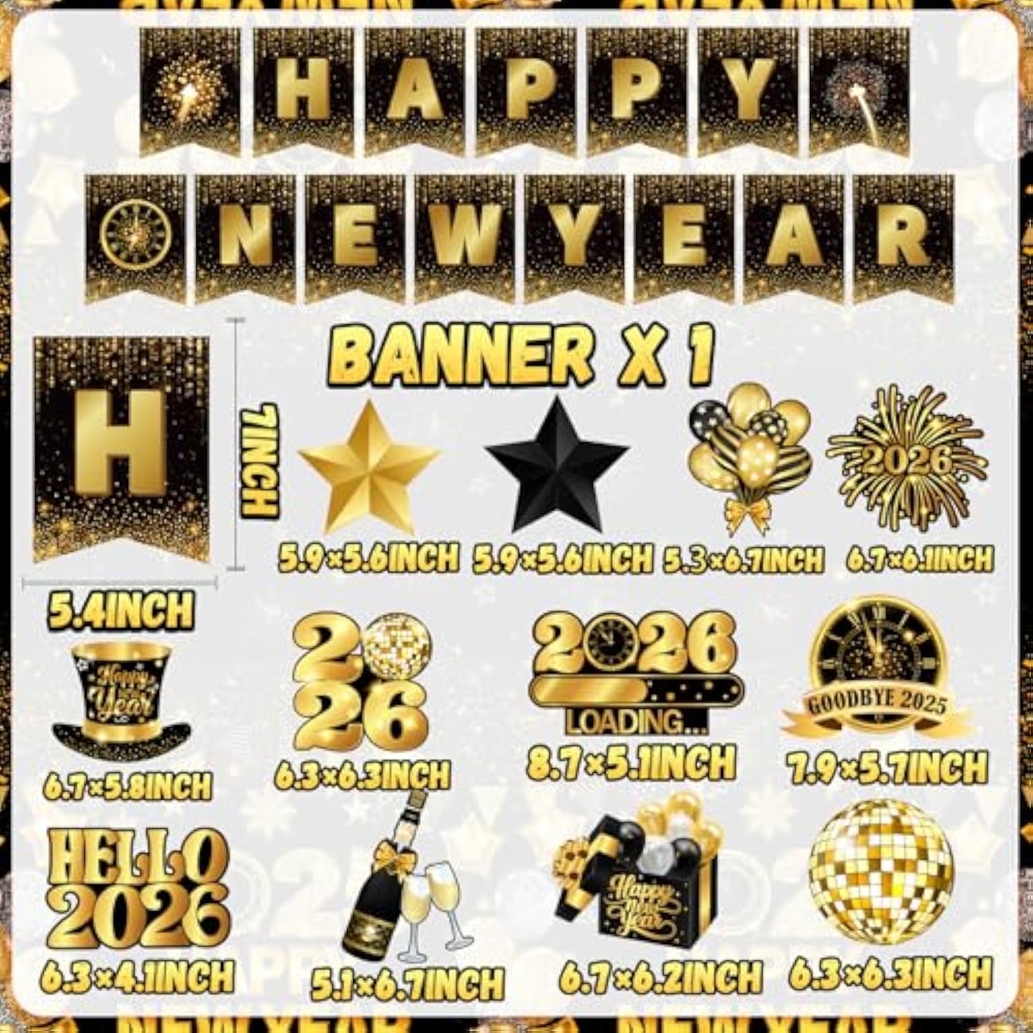 Black Gold Happy New Year 2026 Banner and Hanging Swirls Party Decorations