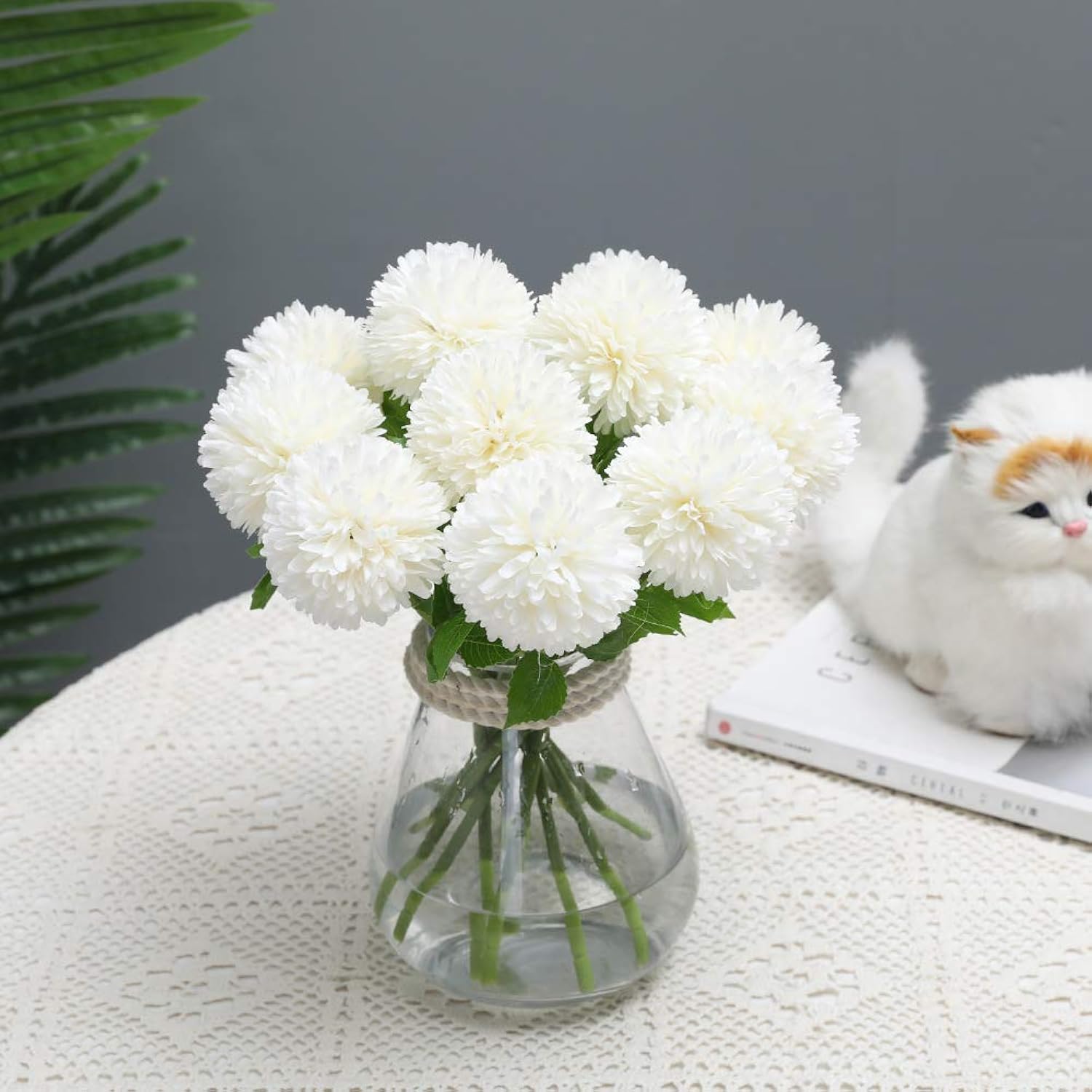 12Pcs Artificial Chrysanthemum Ball Flowers Silk Hydrangea Bridal Wedding Bouquet For Home Garden Party Office Coffee House Decoration (Cream White)