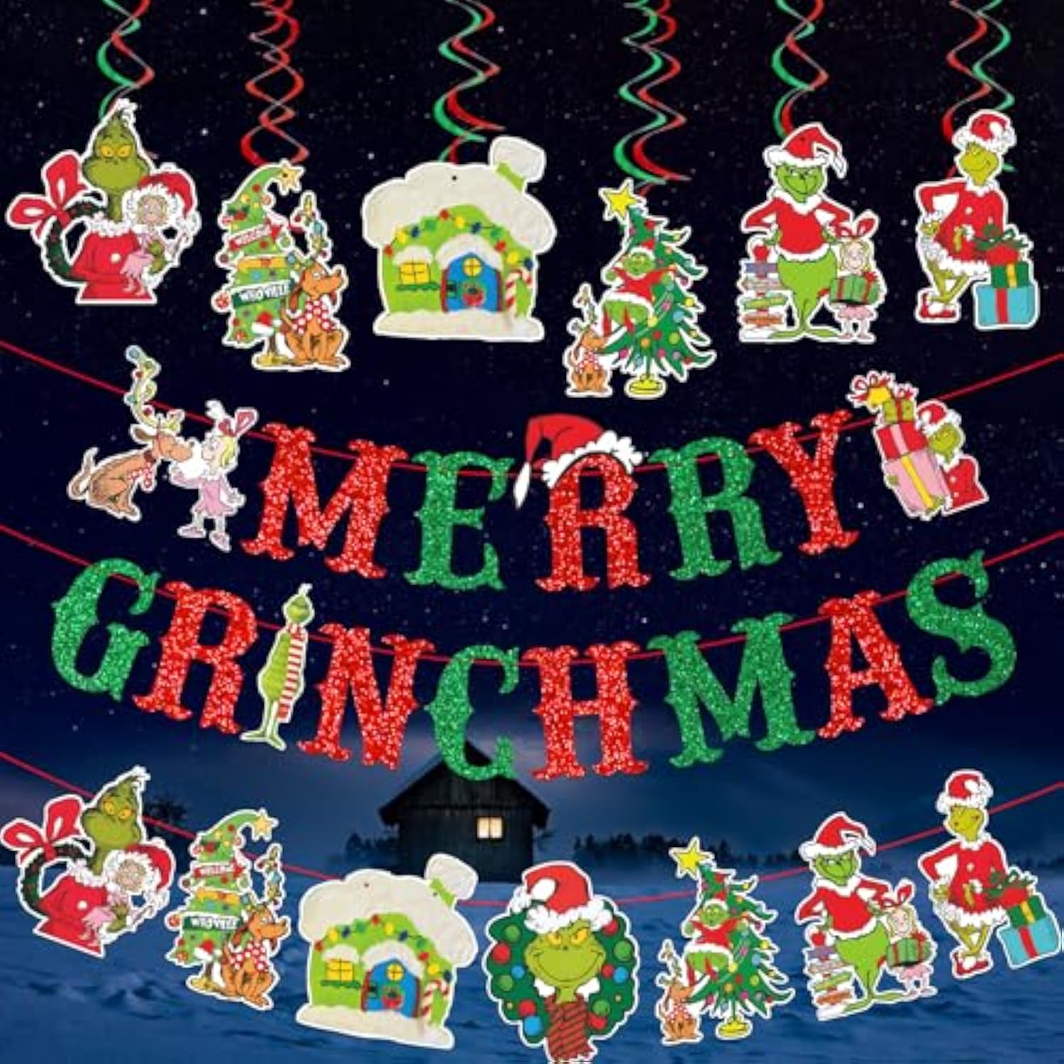 Merry Christmas Banner Cute Red Green Glitter Christmas Banner Sign Whoville Green Elf Winter Holiday Party Decor Fireplace Mantel Photo Props Backdrop