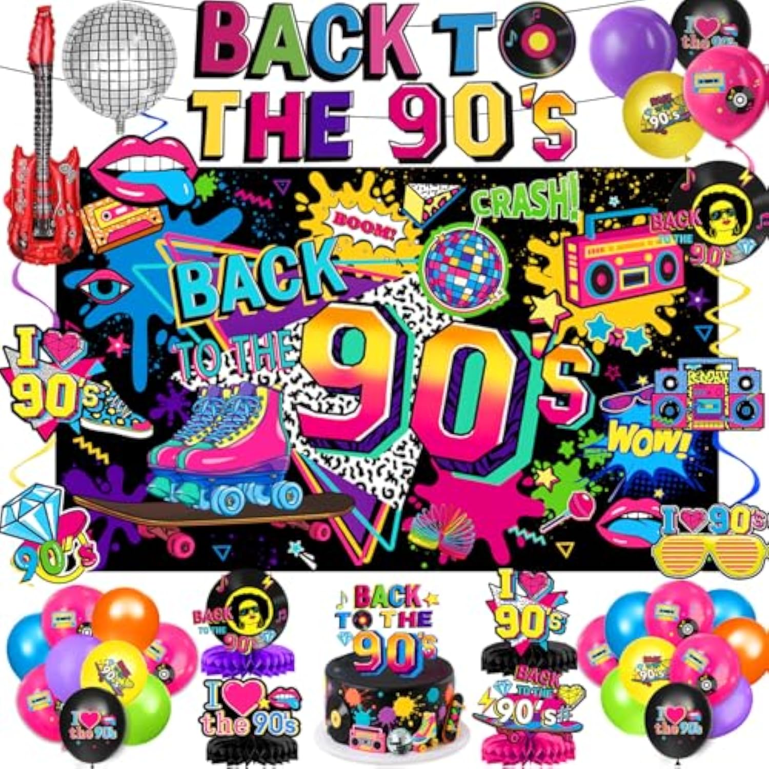 90S Party Decorations Includes 90'S Backdrop, Foil & Latex Balloons, Cake & Cupcake Toppers, Honeycomb Centerpieces Banner, Hanging Swirls For 80S 90S Party Decorations